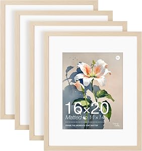 16x20 Picture Frame Set of 4 Natural Solid Wood Veneer 4 Pack Picture Frames 16x20 Matted to 11x14 with Shatterproof Plexiglass, Wooden 16 x 20 Frame for Vertical or Horizontal Wall Mounting Display