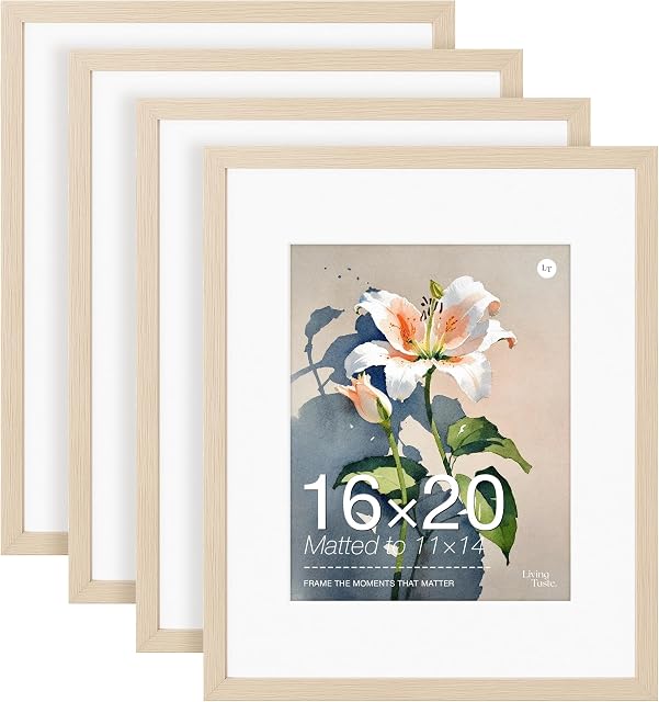 16x20 Ensemble de cadres d'images 4 Veneer en bois massif naturel 4 Pack Cadres d'image 16x20 Attaché à 11x14 avec Plexiglas résistant aux écailles, bois 16 x 20 Cadre pour affichage de montage mural vertical ou horizontal