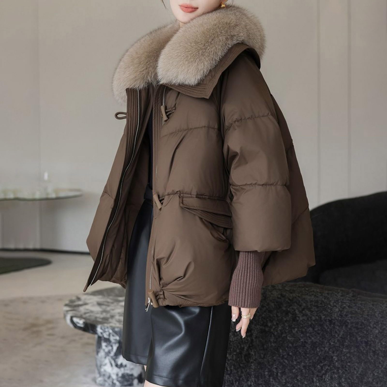 Veste thermique pour femme - Col bouffant - Parka ample - Chaude - Veste de neige épaisse - Poche zippée - Faux vêtement d'extérieur pour femme