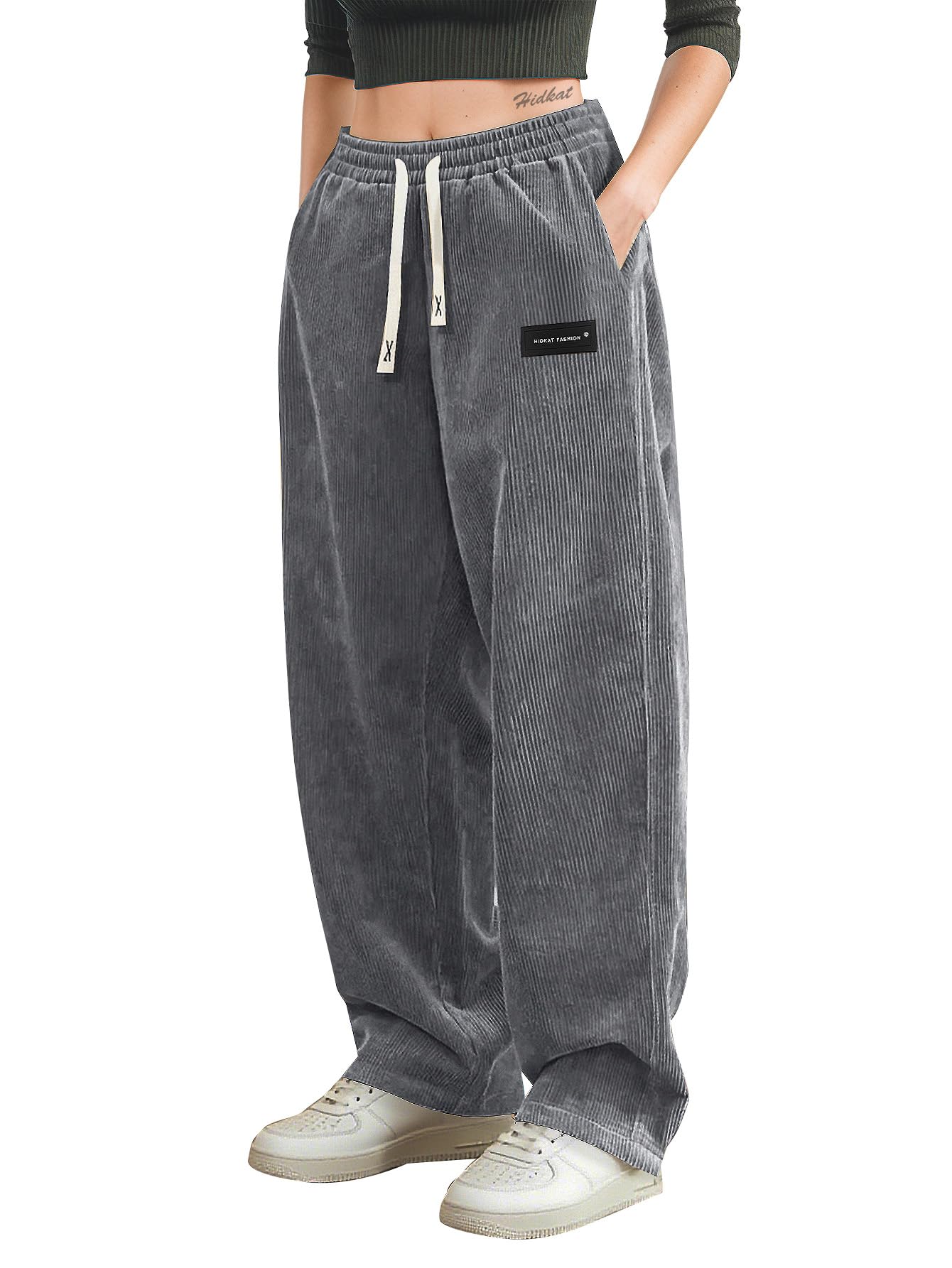 Hidkat Damen Cordhose, lässige, Bequeme Hose mit weitem Bein, elastischem Bund, Kordelzug und Mehreren Taschen