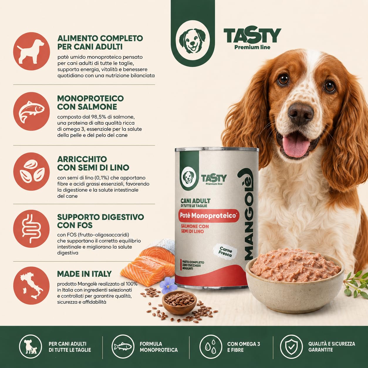 Dog Patè Monoproteico Salmone con Semi di Lino 400 g Alimento Umido Completo per Cani Adulti con FOS e Minerali (36 Pezzi)