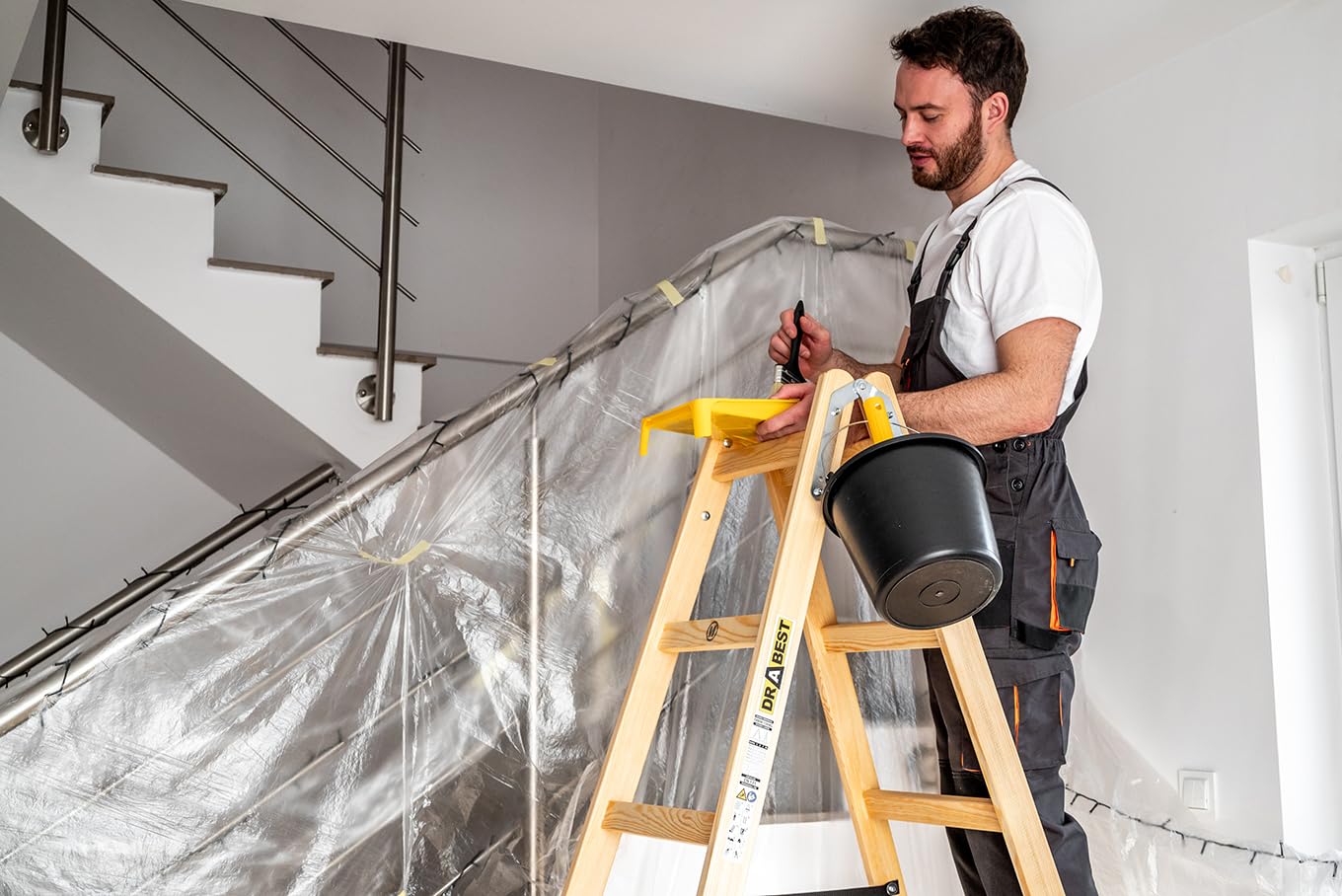 DRABEST - Scaletta pieghevole in legno per lavori di pittura 2x6 pioli m lunghezza calpestabile su entrambi i lati fino a 150 kg altezza di lavoro 1,82 m 3,3 m