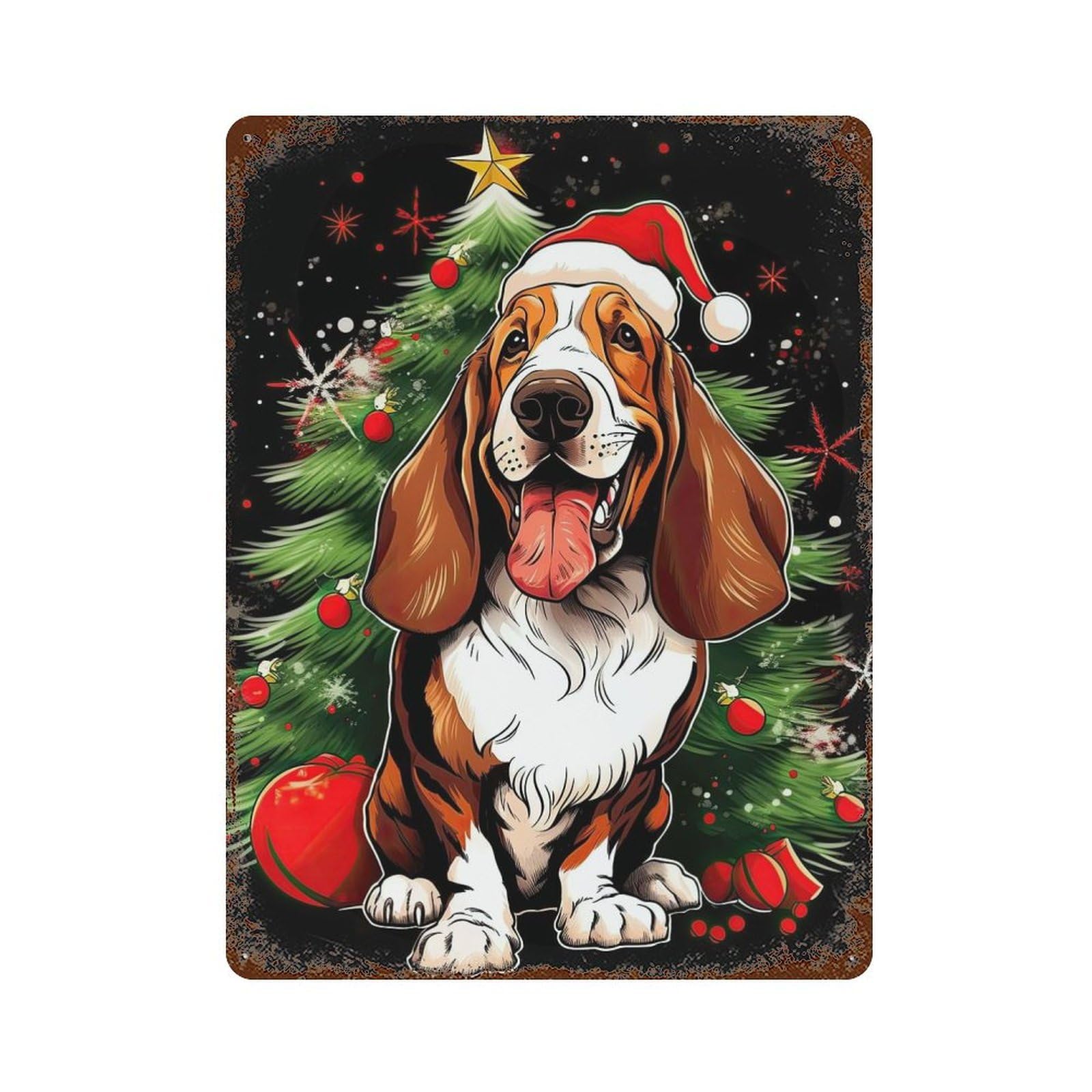 Basset Hound Christmas Vintage Rust Metal Sign 15.7"x11.8", for Patio, Garden Room And Bar Decor, Classic Wall Plaque