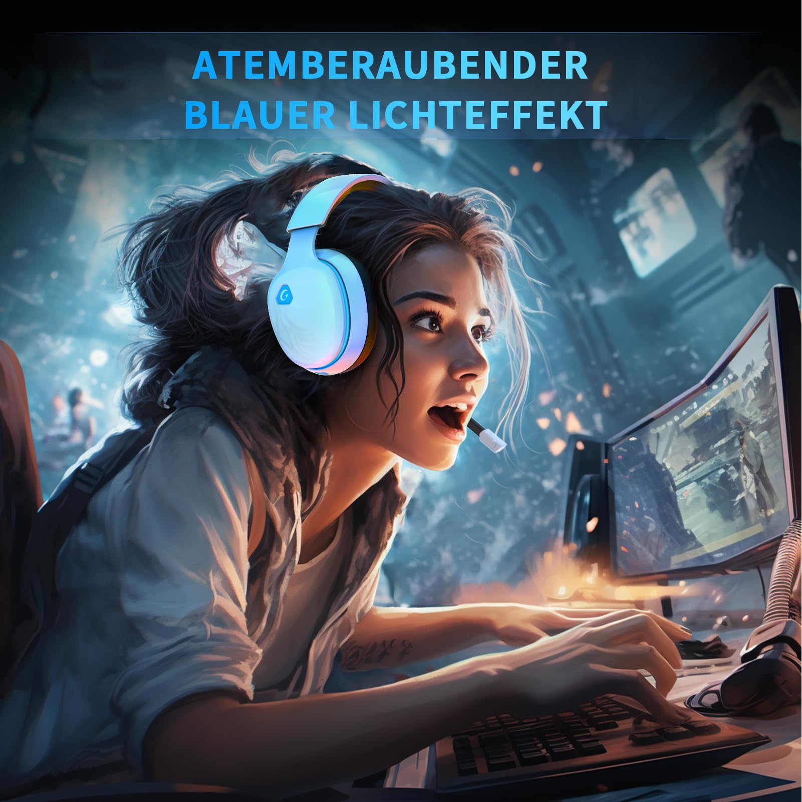 Gaming Headset kabellos für PS5, PC, Switch – 2,4 GHz + Bluetooth 5.4, Surround Sound, Noise Cancelling Mikrofon, 20 ms Low Latency, 50 mm Treiber, 40H Akku