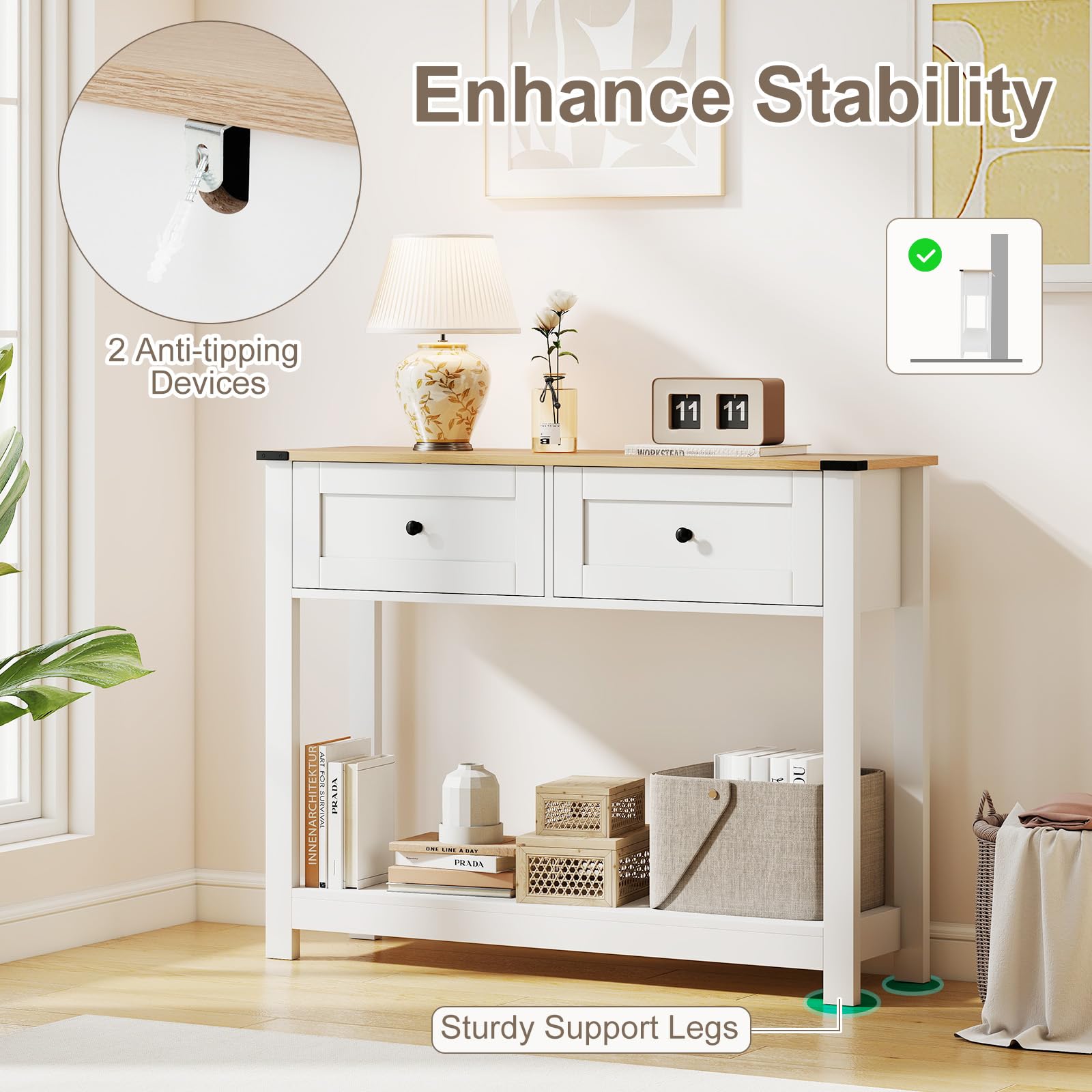 SOARS Tavolo Consolle Bianco 106 x 30 x 81,5 cm, Consolle Ingresso con 2 Cassetti e Ripiano Aperto, Tavolino Slim Salvaspazio Moderno per Soggiorno, Corridoio e Camera da Letto