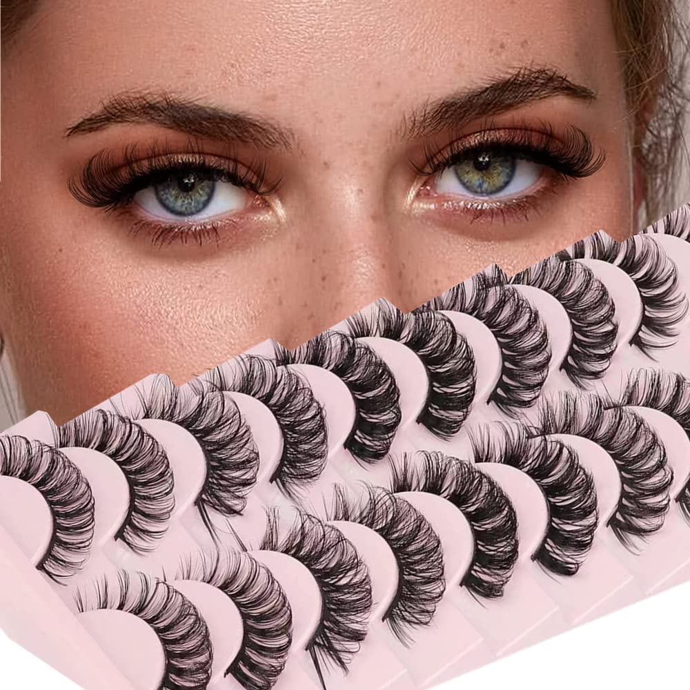 Sztuczne rzęsy rosyjskie rzęsy D Curl 3D Fake Lashes Natural Wispy Fluffy Volumn Strip Lashes 16 mm, sztuczne rzęsy Mink Eye Lashes wielokrotnego użytku, 10 par (mieszanka 5 stylów)
