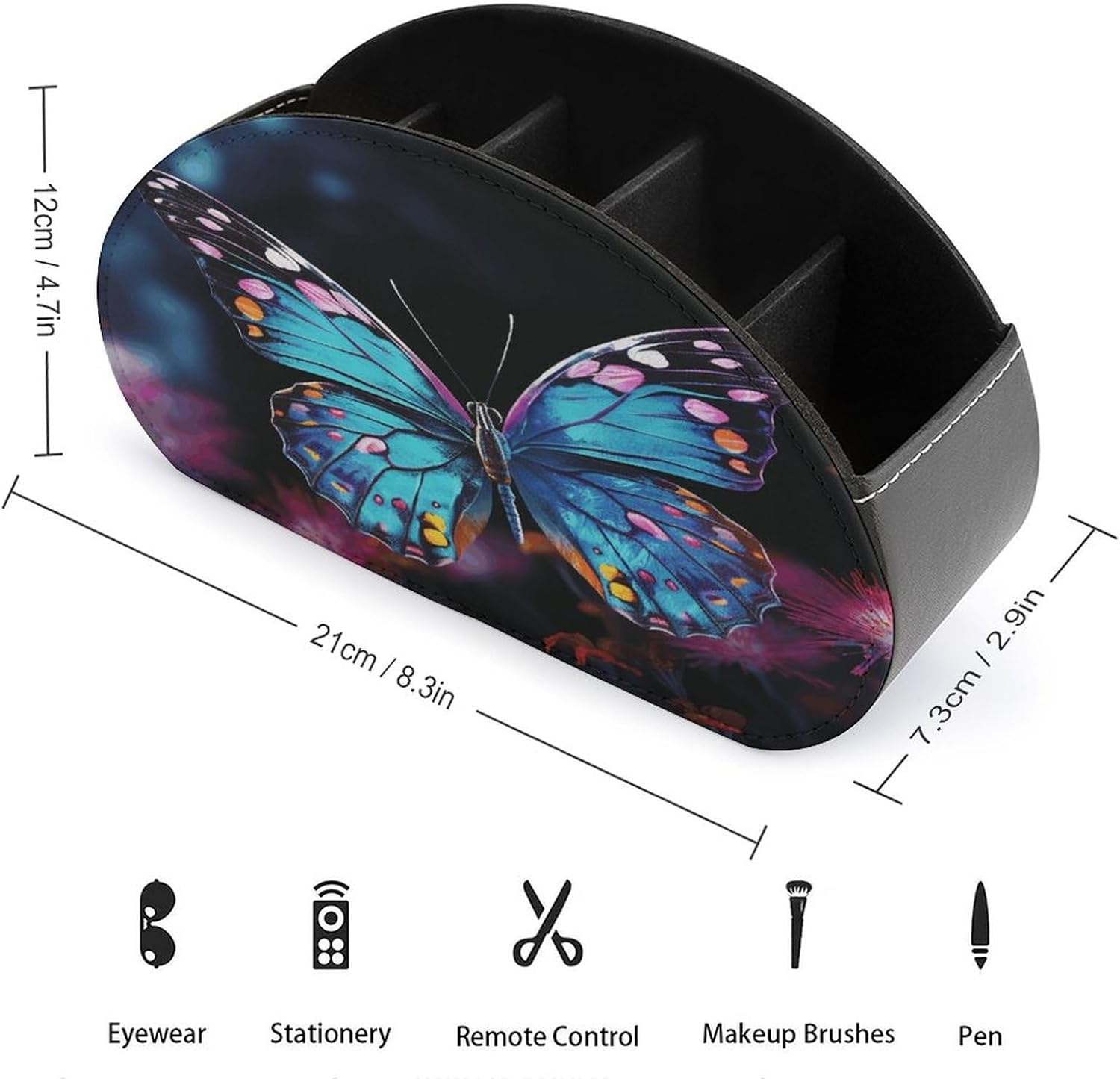 Leather Remote Control Holder Storage Container, WithCharming Butterfly Printed Living Room Media Storage Organizer, with 5 Compartments for TV Remote Phone Caddy Eyeglasses image 2