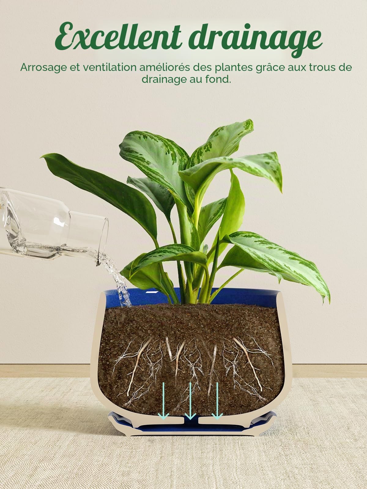 LE TAUCI Pot de Fleurs en Céramique, 11+13+17 cm, Lot de 3, Pot avec Trou de Drainage et Soucoupe, Pot d’Intérieur avec Tapis en Maille, Cadeau pour la Fête des Mères, Bleu Saphir