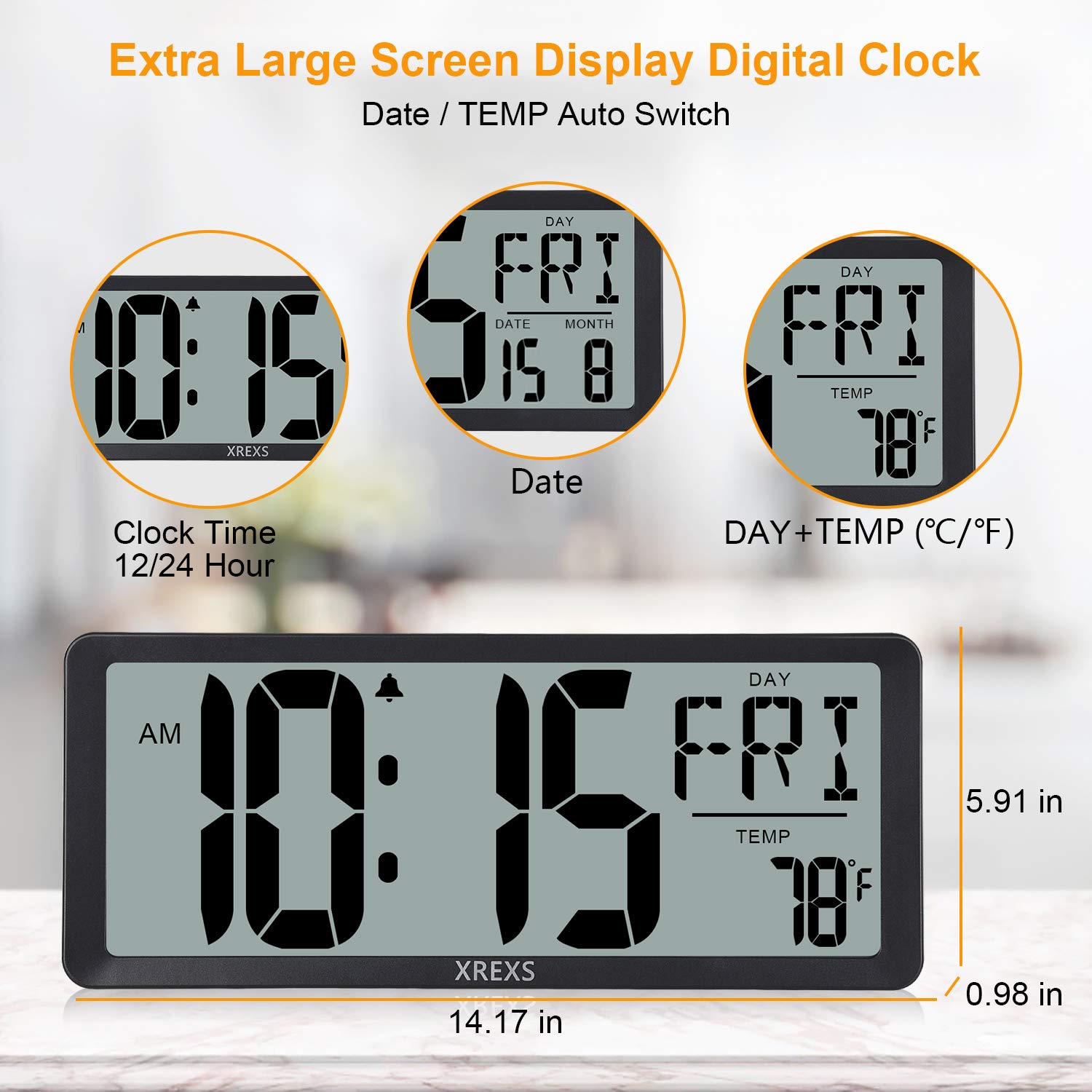 XREXS Large Digital Wall Clock, 13.46'' Large LCD Display Wall Digital