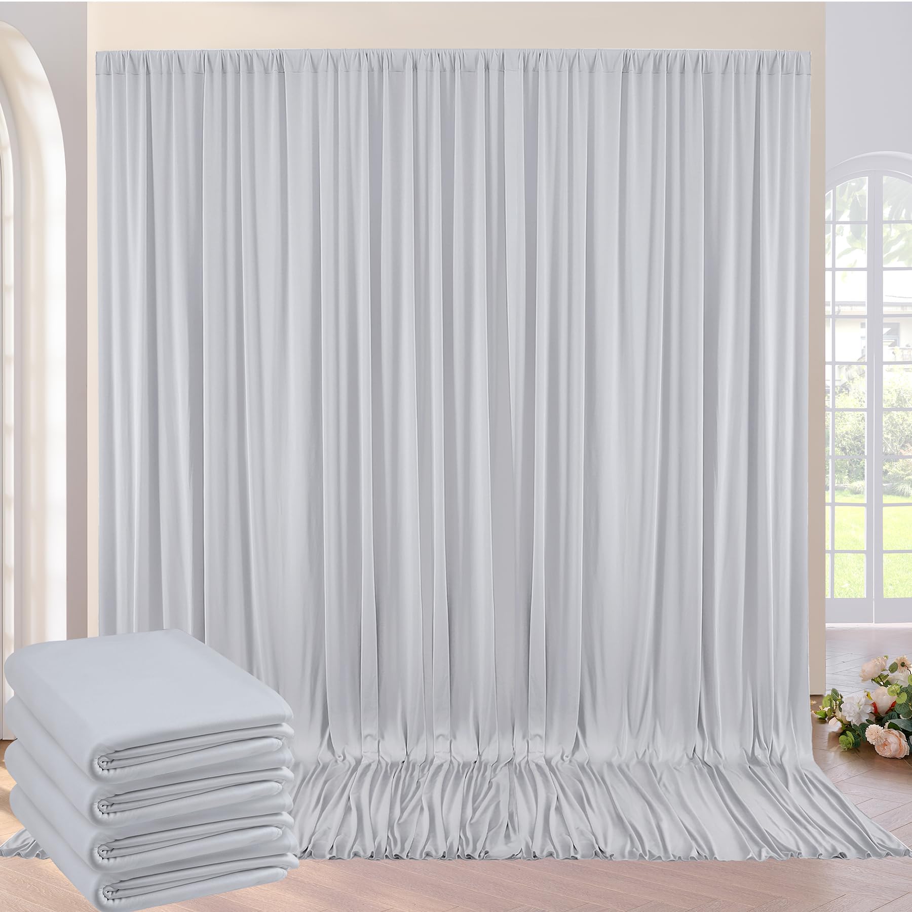 20ft×10ft Silver Grey Wrinkle Free Backdrop Curtains for Parties, 4 Panels 5×10ft Thick&Silky Polyester Silver Photo Backdrop Drapes Curtains for