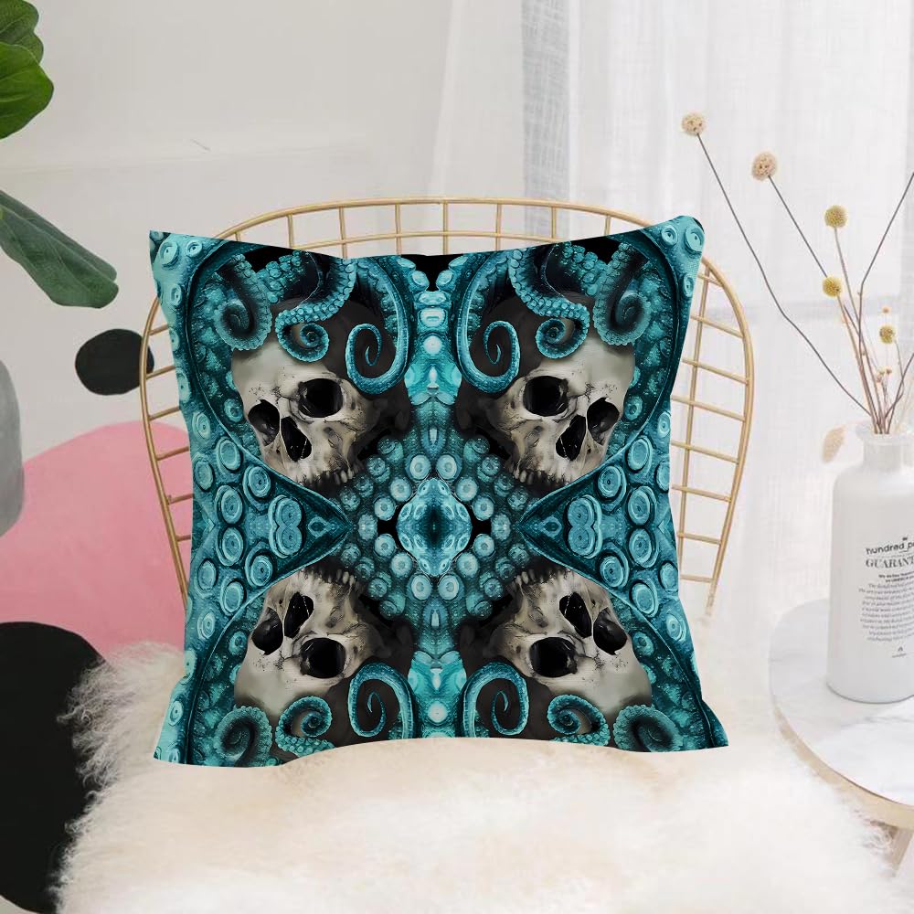 HYOSXW Cushion Cover,Throw Pillow Case Home Decorative for Living Room Bedroom Sofa Chair 16X16 Inch,Blue tone, skull and octopus skull and octopus tentacles, repeating skull and o,Pillowcase 40X40cm