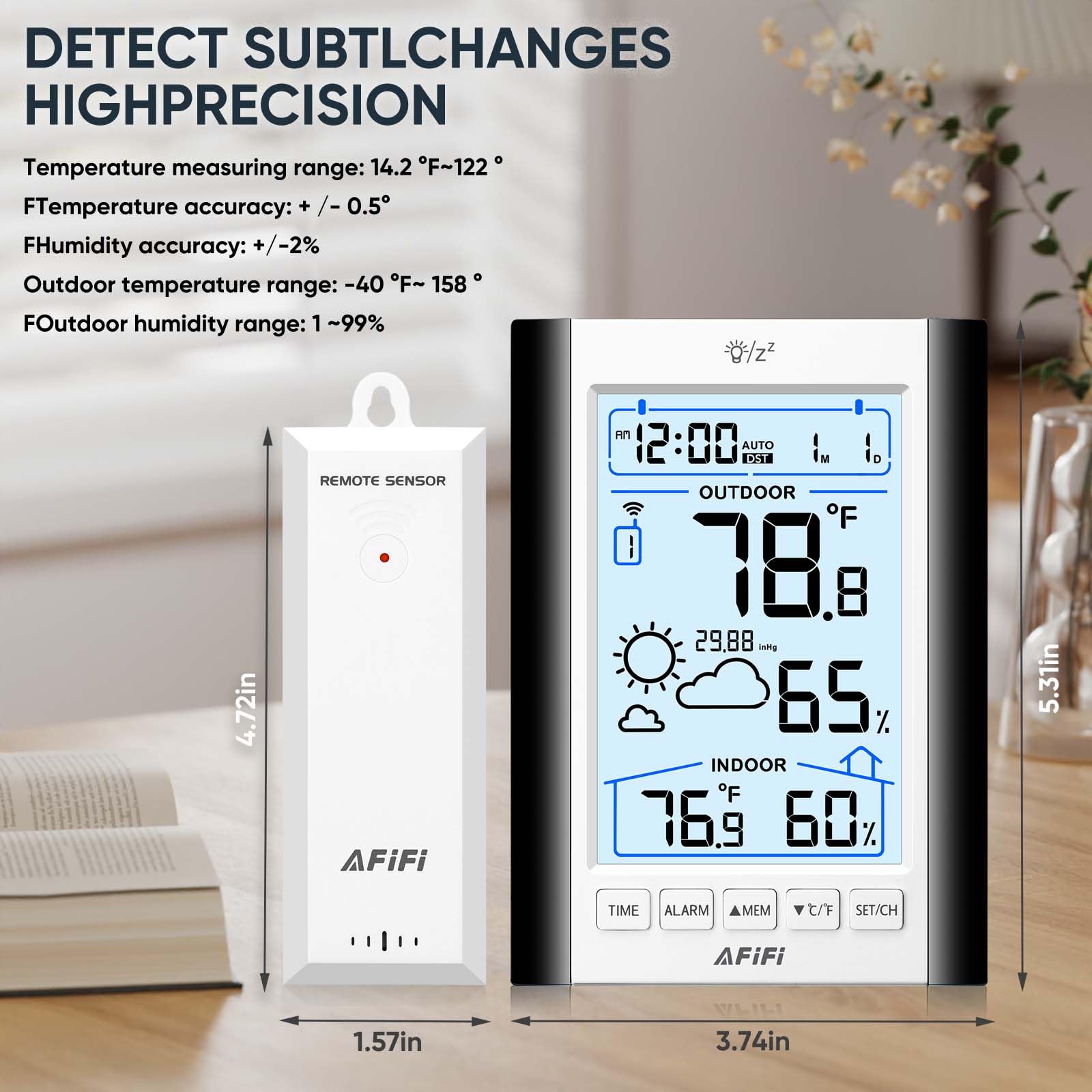 Termometro e igrometro wireless per interni ed esterni, termometri igrometro monitor con sensore remoto da 100,6 m, alimentato a batteria, display retroilluminato, per casa, patio