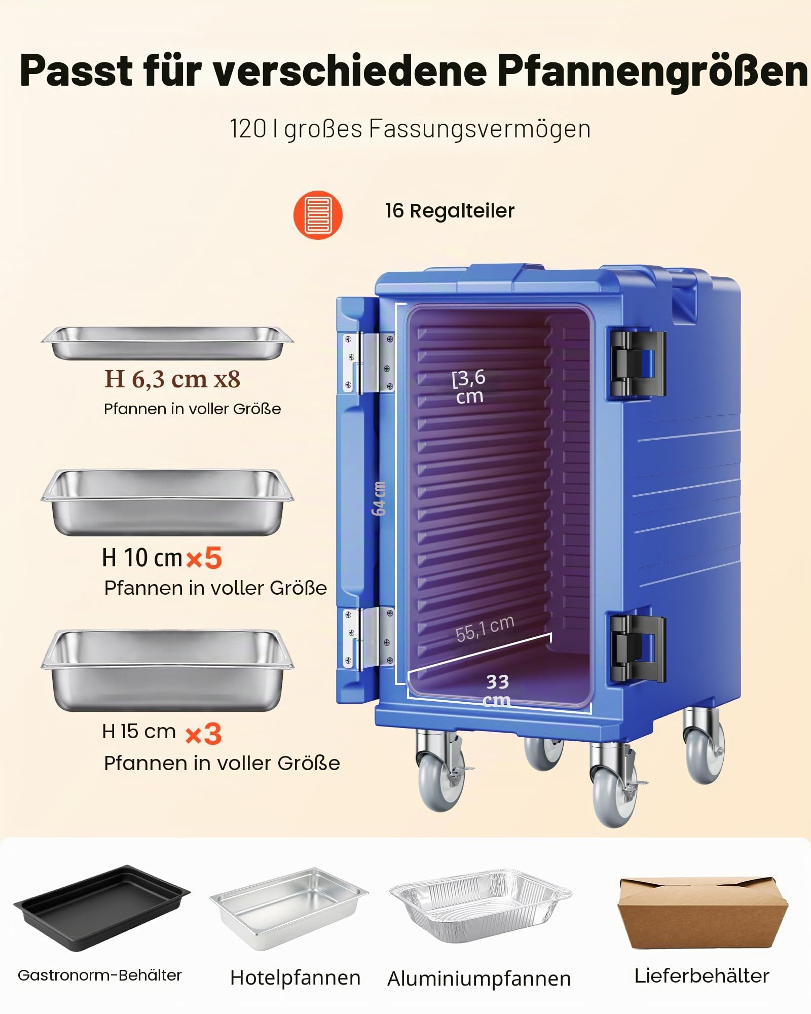 VEVOR Isolierter Speisenbehälterträger Warmhaltebox für Gastronomie 120 L, Speisenbehälter mit Doppelschnallen & Griffen, Speisenbehälterträger Lebensmitteltransportbox für Restaurant Kantine blau