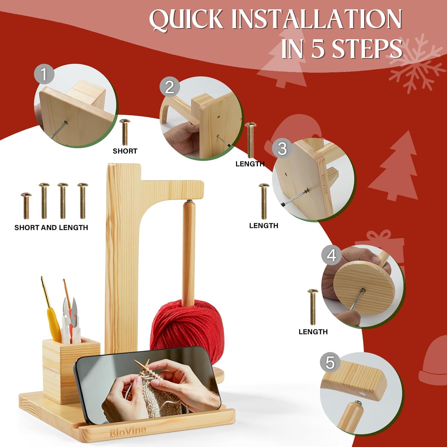 BloVine Upgraded Wooden & Magnetic Yarn Holder for Crocheting,Ideal Christmas Gift for Knitters with Phone Holder & Needle Storage, in Elegant Gift Box