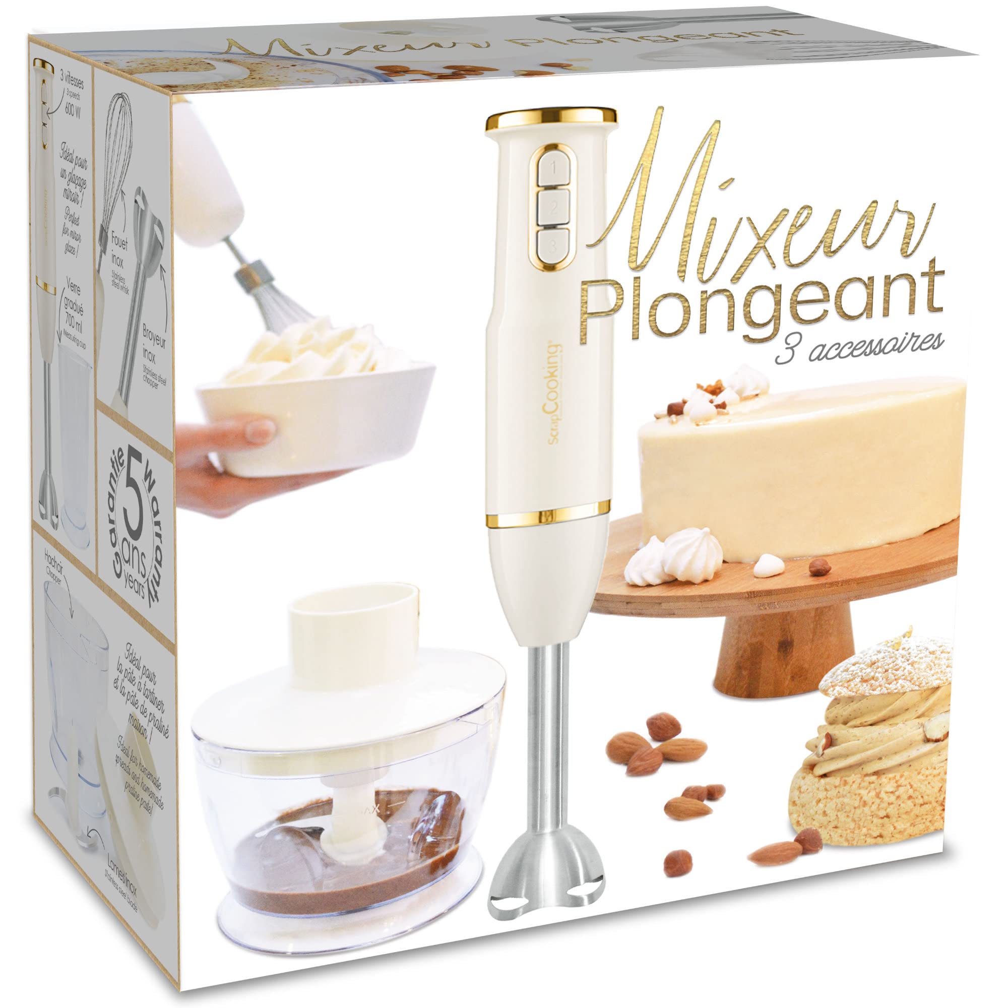 SCRAP COOKING Mixeur Plongeant Multifonctions 3-en-1 : Blender, Fouet & Hachoir Électrique - Mixer Batteur Plongeur avec Accessoires - Pour Pâtisseries, Crèmes, Smoothies, Sauces - Mat & Doré - 3889