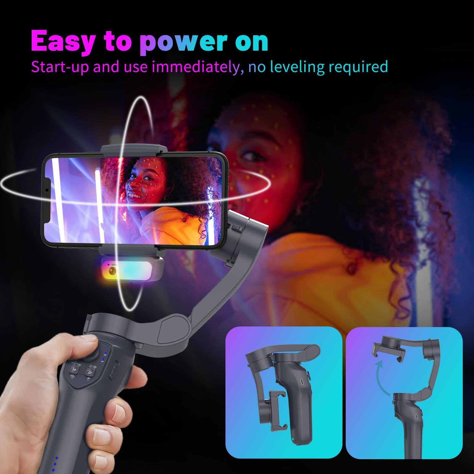 Estabilizador de cardán para smartphone de 3 ejes con seguimiento de IA y luz de relleno RGB, rueda de enfoque plegable, cardán para iPhone y Android