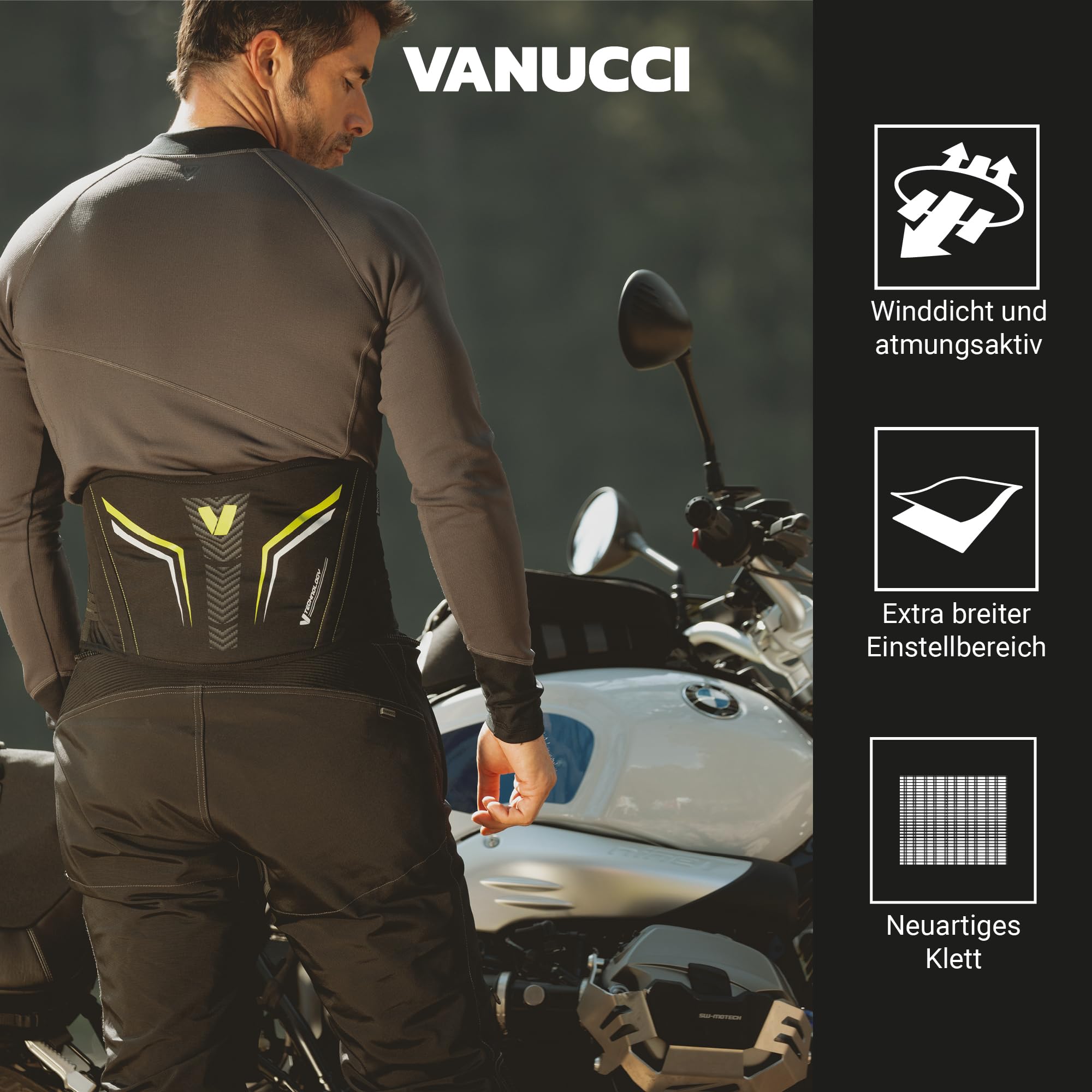 Vanucci 2-in-1 Nierengurt Motorrad Herren & Damen, Winddichter & Atmungsaktiver Motorrad Nierengurt, Herausnehmbares Thermofutter, mit Doppel-Klettverschluss, Größe S-XXL