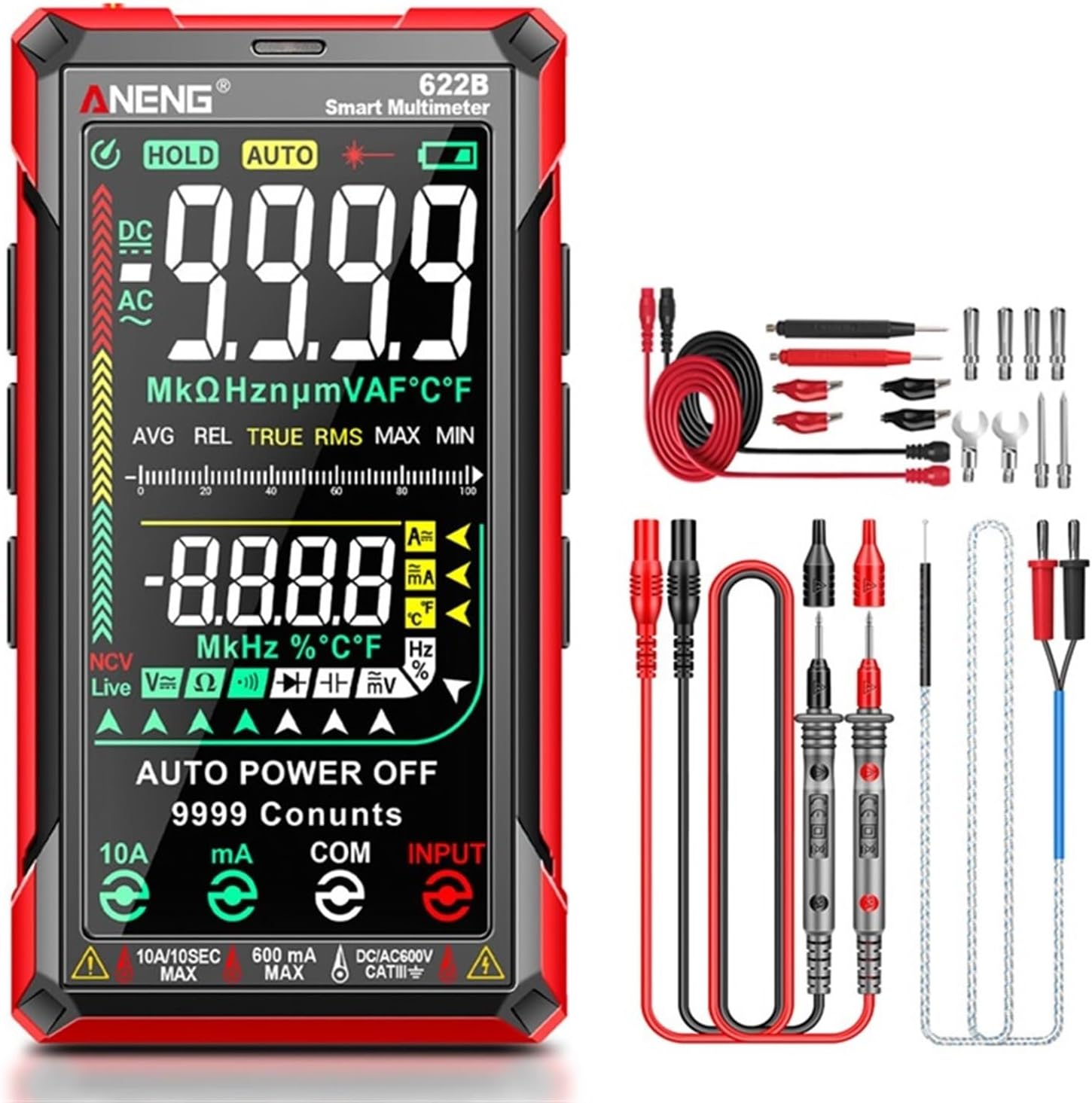 JDOUNFMO 622B Multimeter highlighting key features like AC/DC voltage/current, diode, capacitance, temperature, NCV, Hz, resistance, zero fire line, and infrared laser