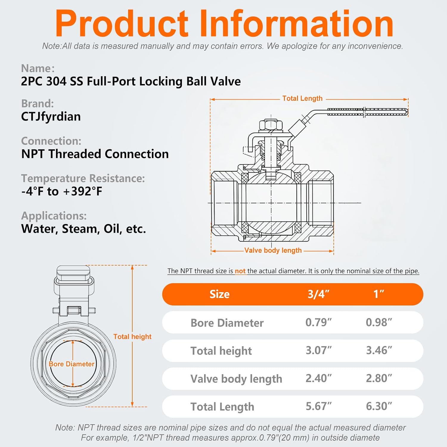 3/4" Female NPT Ball Valve with Locking Handle, 2 Pack | 304 Stainless Steel, Full Port Shut Off Valve, Heavy Duty, Quarter-Turn Locking Handle, 1000 PSI, For Water Air Oil and Gas