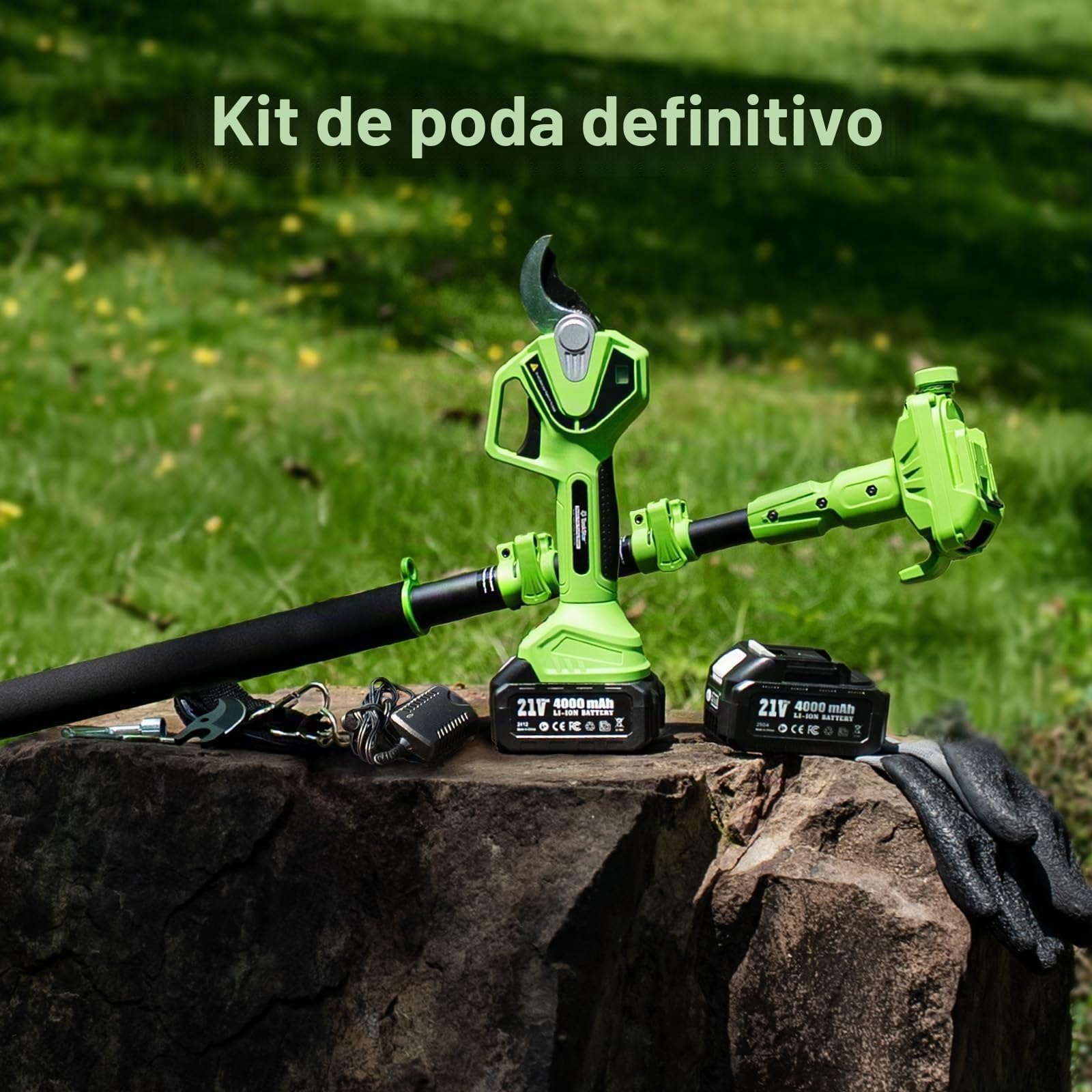 TaskStar Tijera de Podar Eléctrica con Mango Telescópico: 2-en-1 Tijeras de Jardín Eléctricas- Motor Sin Escobillas, 2X 4,0Ah Baterías, Hoja SK5 Extra, 2 Modos, Corte de 40mm para Árboles y Flores