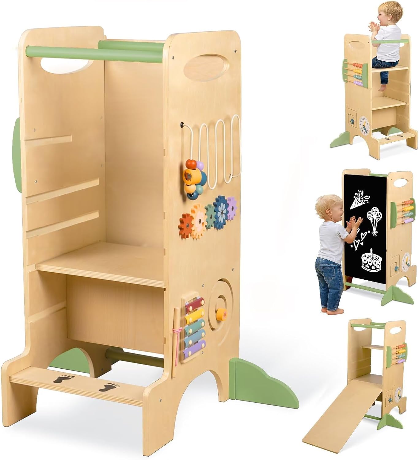 aiwo Toddler Tower Kitchen Step Stool, 3 Adjustable Height Standing Tower for Kitchen Counter, Chalkboard & Montessori Learning Activities Traditional