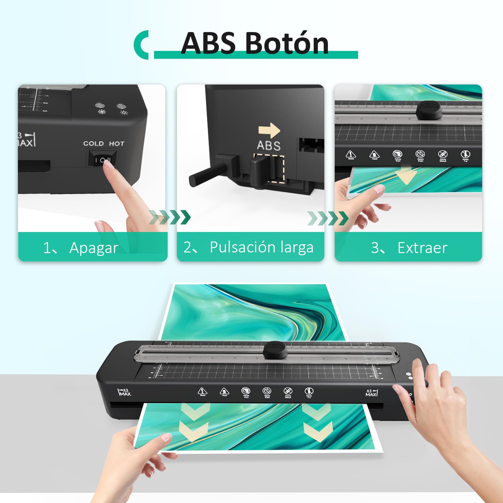 Plastificadora A3, 5 en 1 para A3 A4 A5 A6 Máquina laminadora en modo frío y caliente con cortador de papel, relleno de esquinas y 20 hojas de laminada para la escuela, la oficina y el hogar