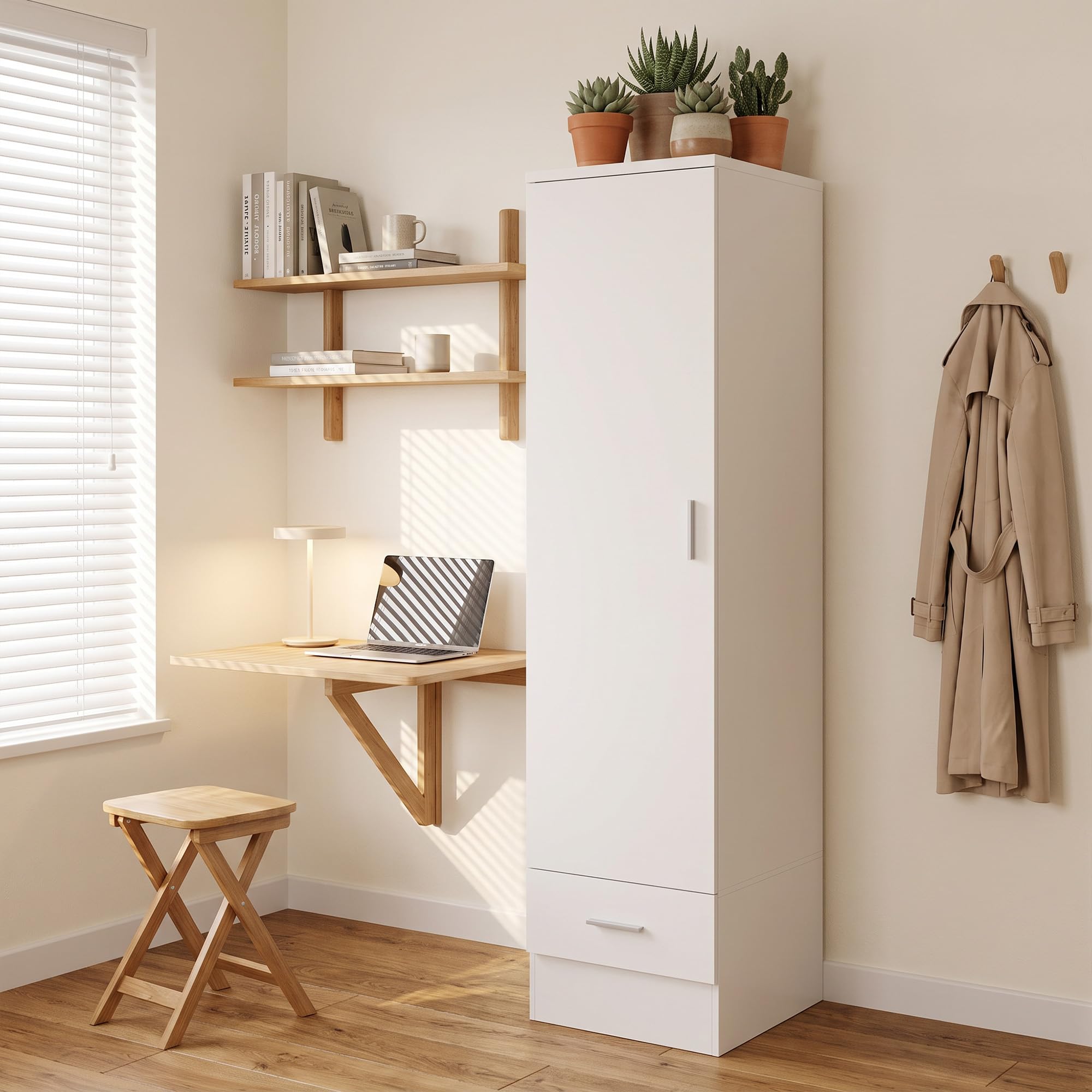 HOMCOM Armario Dormitorio Moderno, Armario Ropero 40x52x170 cm Blanco | Barra para Colgar, Cajón, Estante Superior