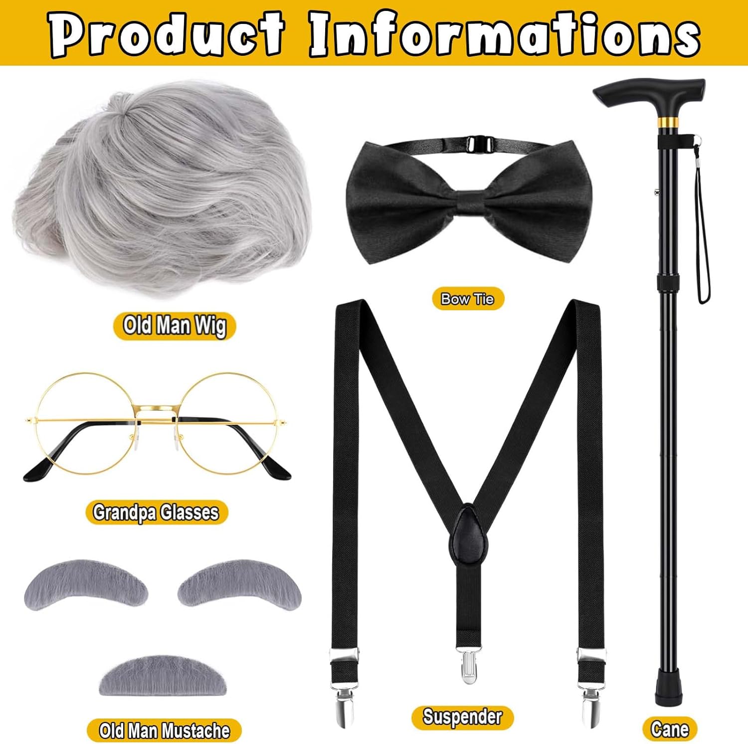 6 PCS Old Man Costume for Boys,100 Days of School Old Man Wig Set for Kids Grandpa Dress Up - Image 3