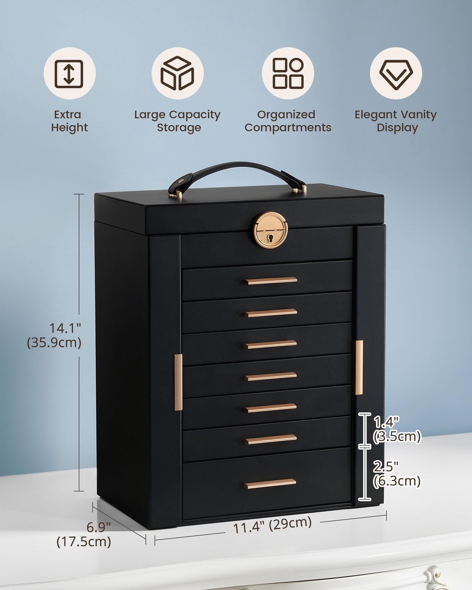 Lolalet Caja Organizadora de Joyas Grande 8 niveles con Espejo Negro | con Cerradura, para Anillos, Pendientes, Pulseras, Collares y Relojes. Ideal para Hogar y Regalos para Mujeres