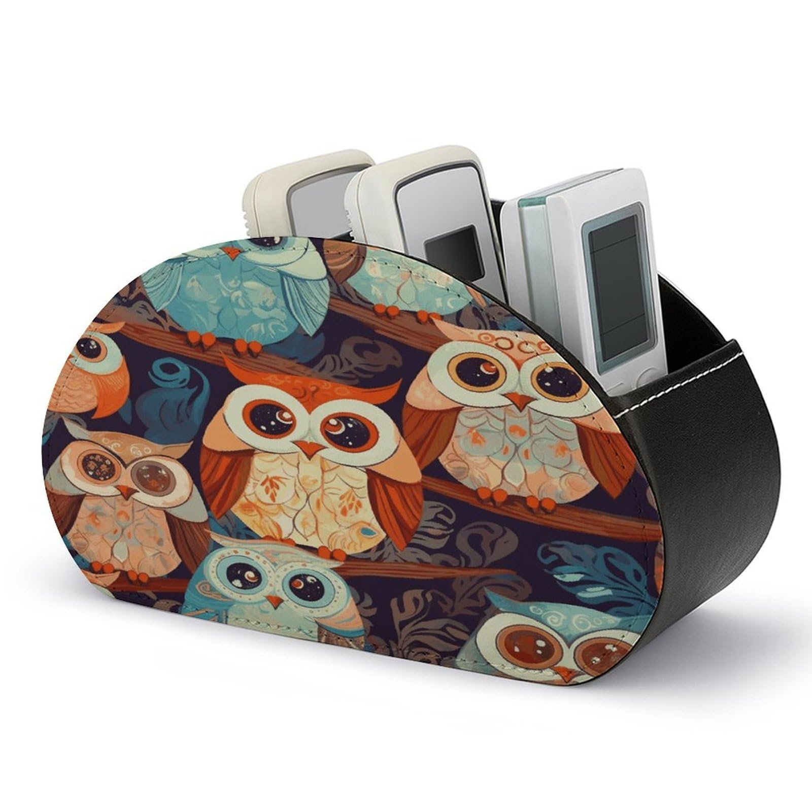 VstaDank Anime Owl Remote Control Holder with 5 Compartments PU Leather Remote Caddy Desktop Organizer Store TV Remote Control Storage Box for Home Office Desk Nightstand