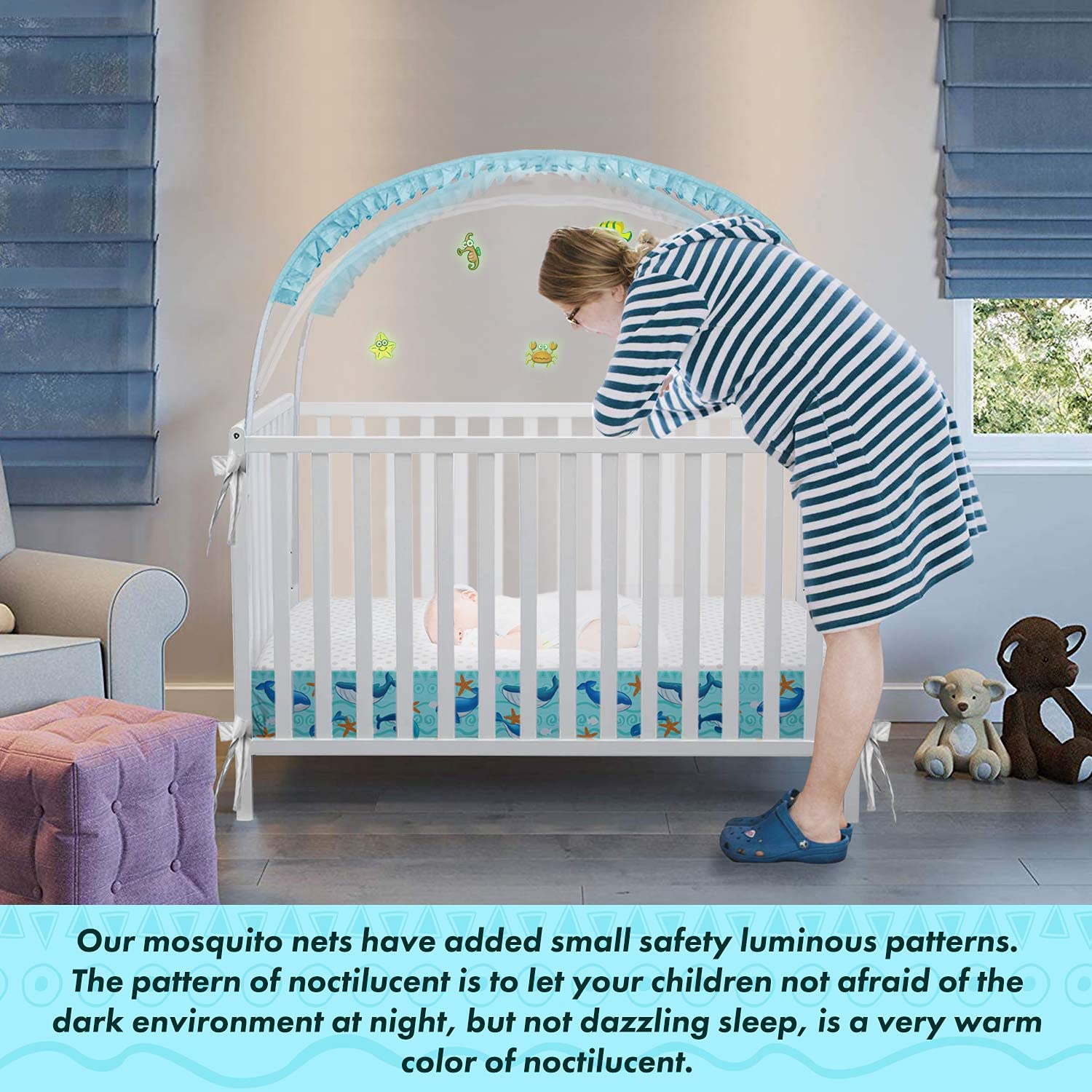SAMWOO Baby Safety Crib Tent Upgrade Toddler Crib Net, Mosquito Canopy Netting Cover to Keep Baby from Climbing Out, High Quality Breathable Mesh Net,Pop up Cot Net, Cute Whale Pattern on The Bottom : Baby