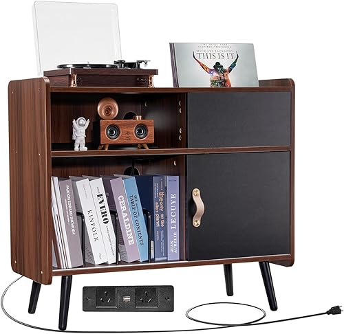 Miniatura 1 de VEVOR Soporte para tocadiscos con toma de corriente, soporte para tocadiscos con capacidad para hasta 350 álbumes, mesa de tocadiscos con