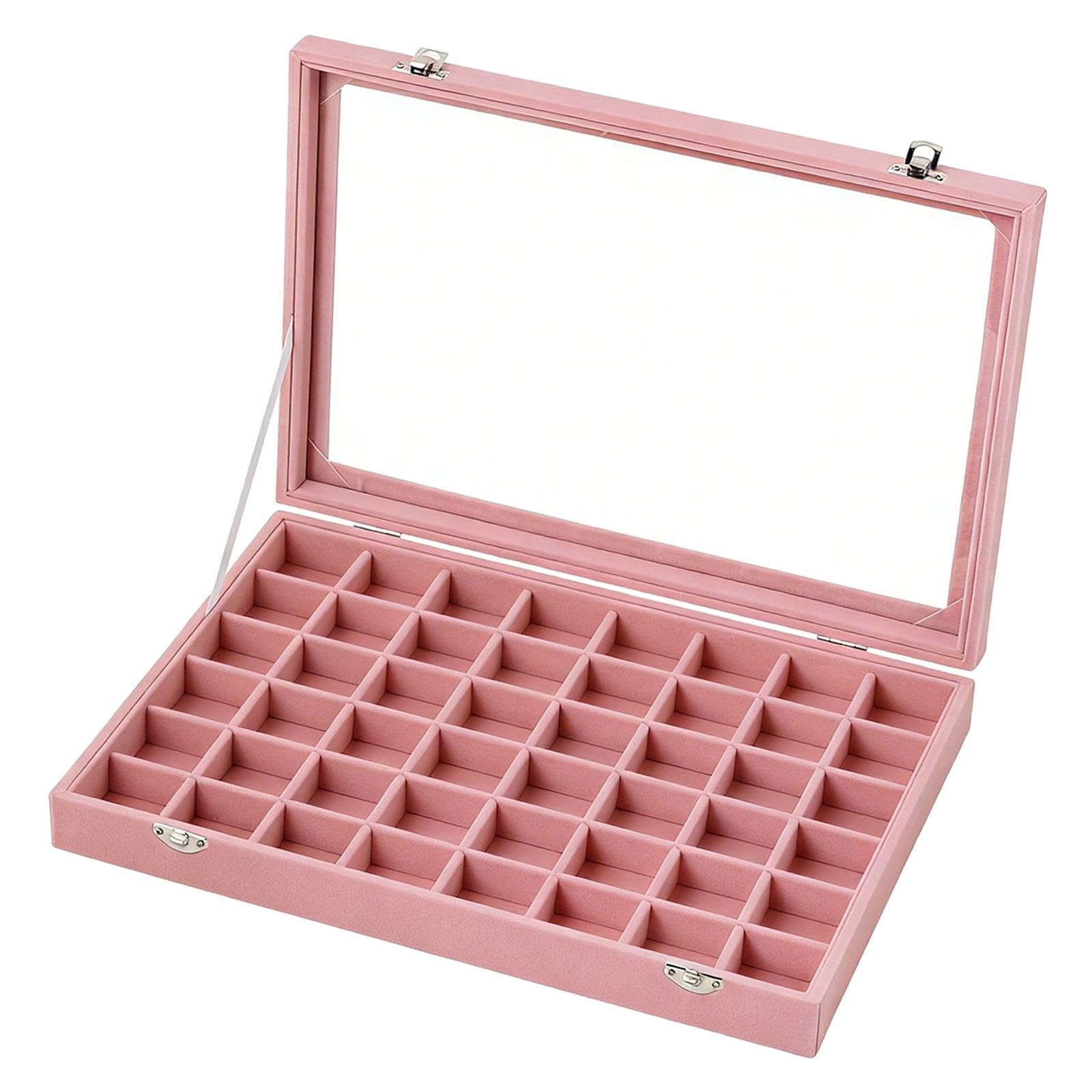 Qianly Jewelry Tray Organizer con 48 Scomparti Regolabili Porta Anelli Orecchini Collane Bracciali Custodia Robusta con Coperchio Trasparente in Tessuto, Rosa