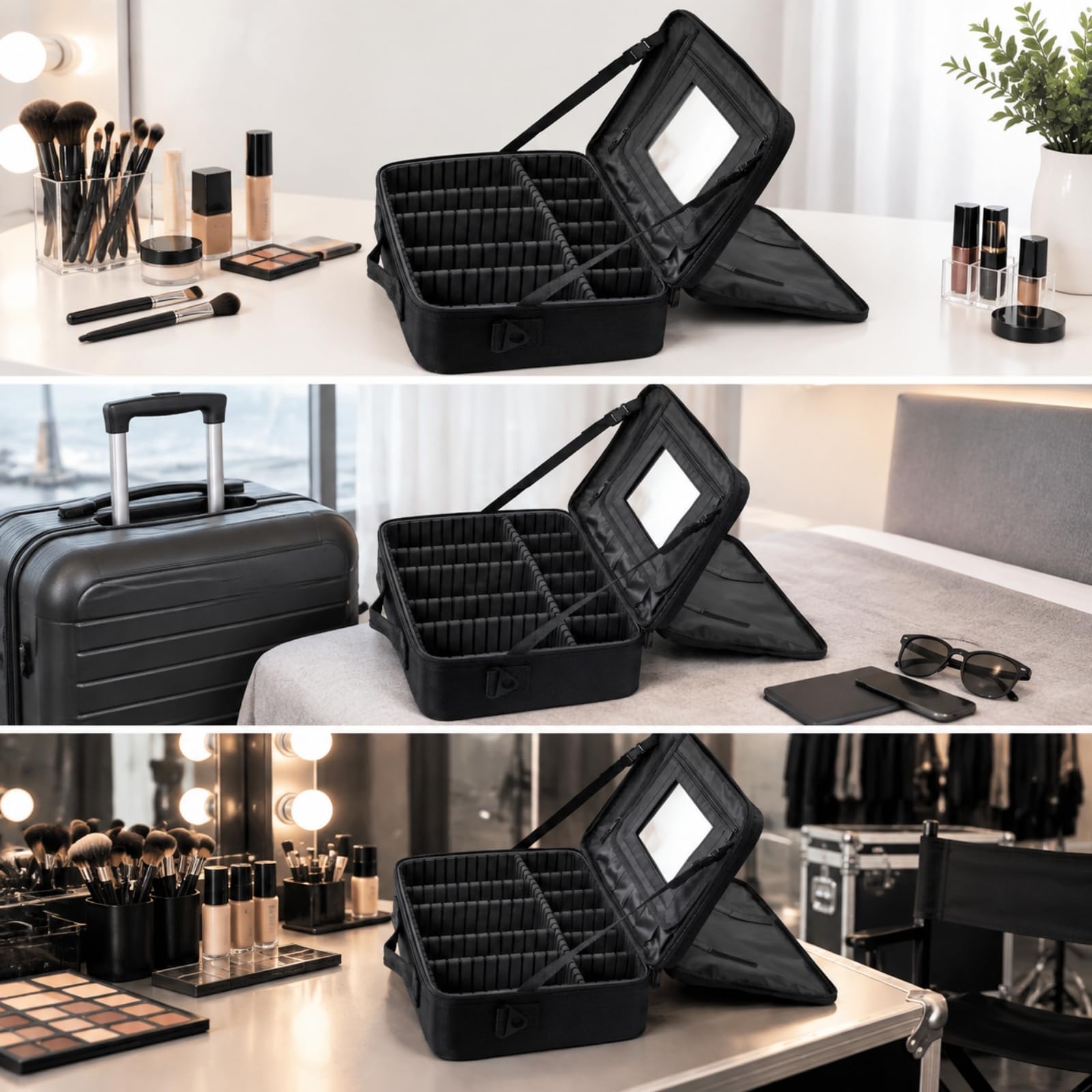 Make-up mit Spiegel vstellbare Fäch Schmink aus Oxford-Gewebe tragbar Reise-Make-up-Tasche mit Schultgurt für Visagisten, Offstage