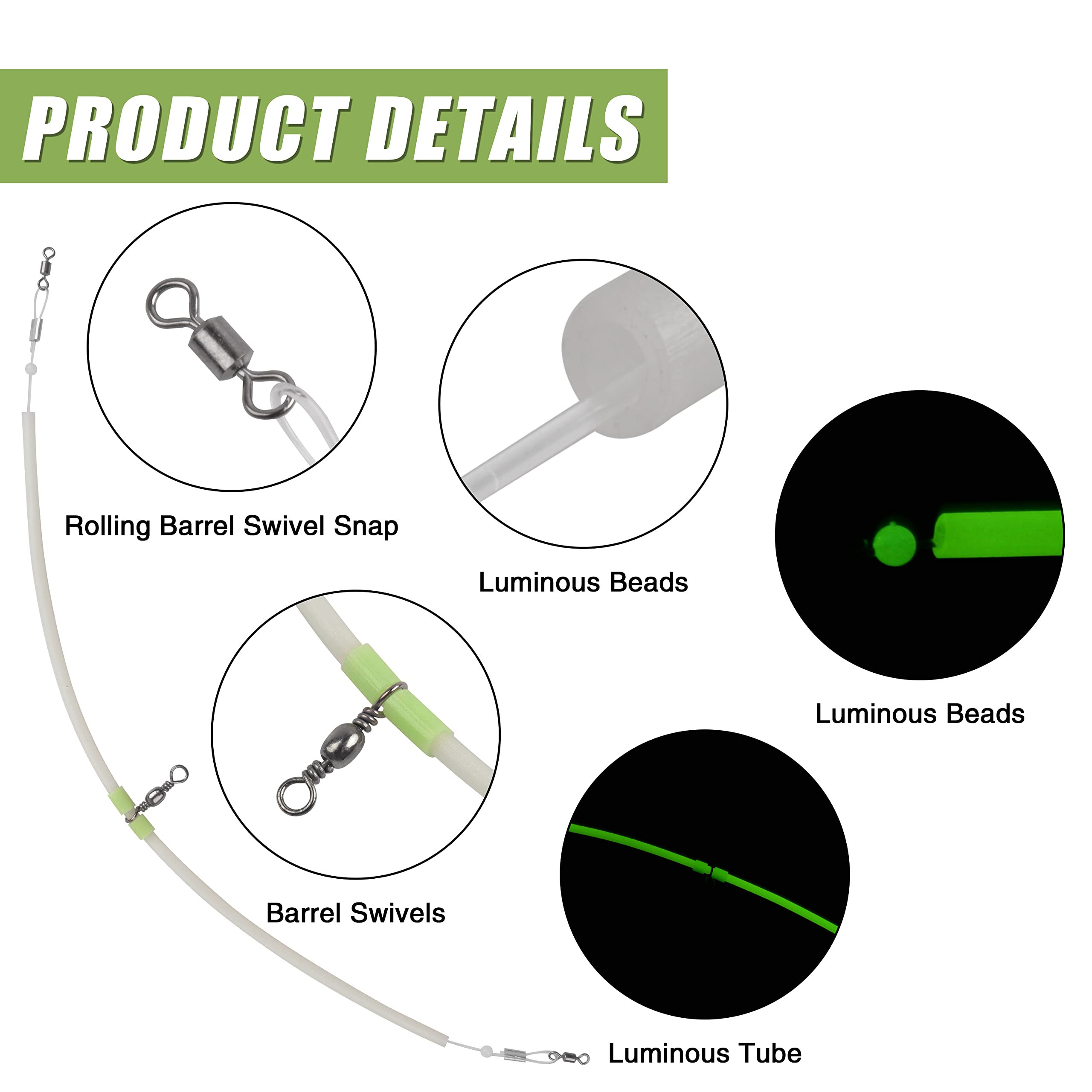 Fishing Wire Leaders -10Pcs Stainless Steel Tackle Rig Luminous Saltwater Fishing Leaders Surf Fishing Rigs Wire Leader Rig Wire Leader Trace with Swivels Bottom Rigs Saltwater Freshwater Leaders