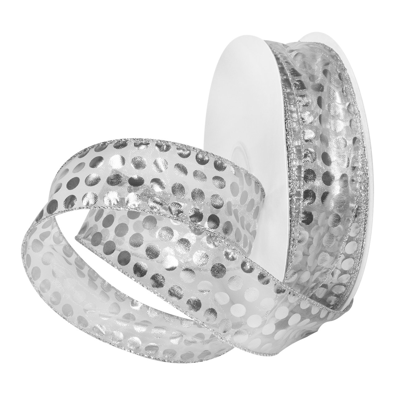 Ruban Tiny Sheer Pois Morex mercerie bobine nylon blanc argent 38mm pour loisirs