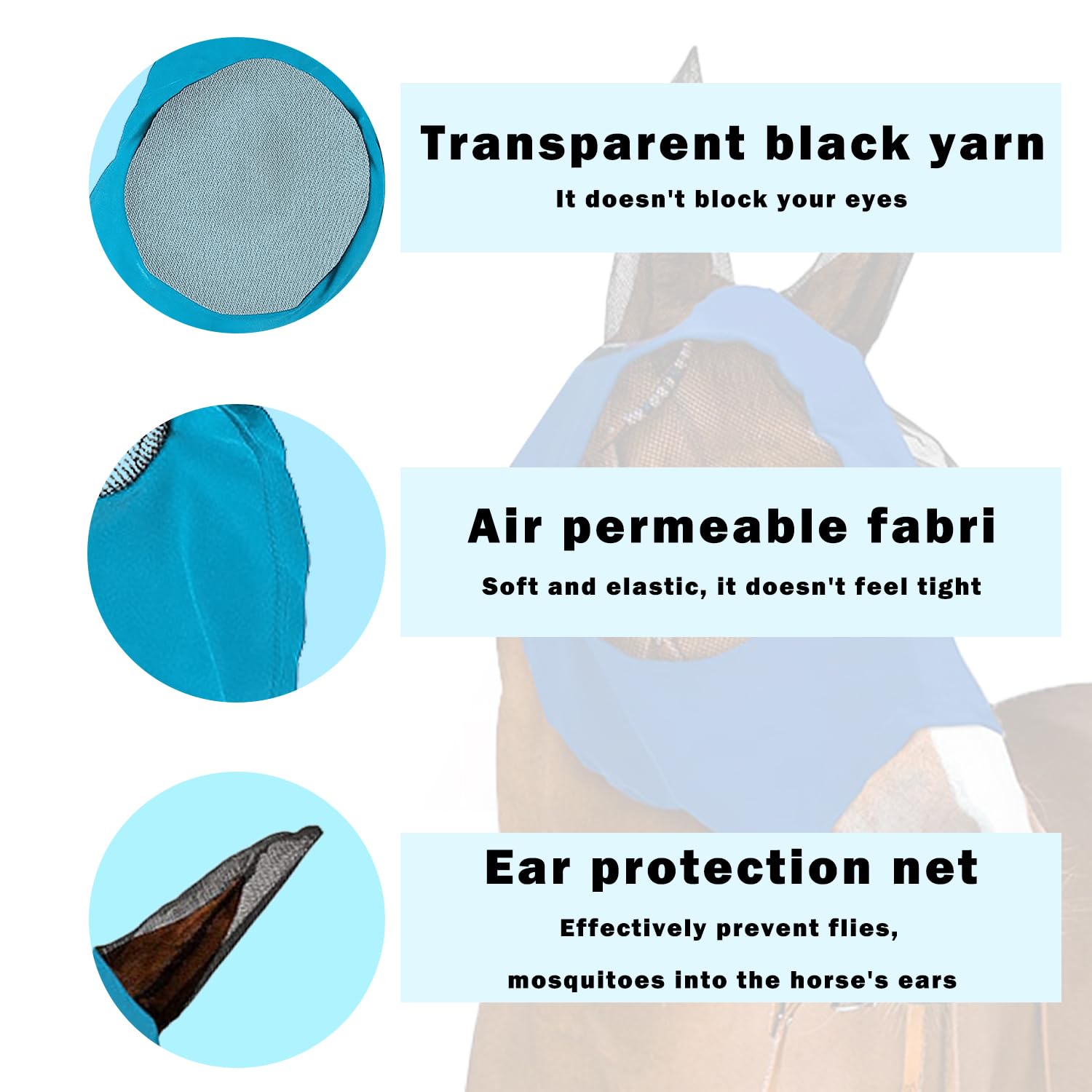 Máscara para Moscas de Caballos, Antimoscas con Cubiertas para los Oídos, Anti-UV, Reutilizable (Azul)