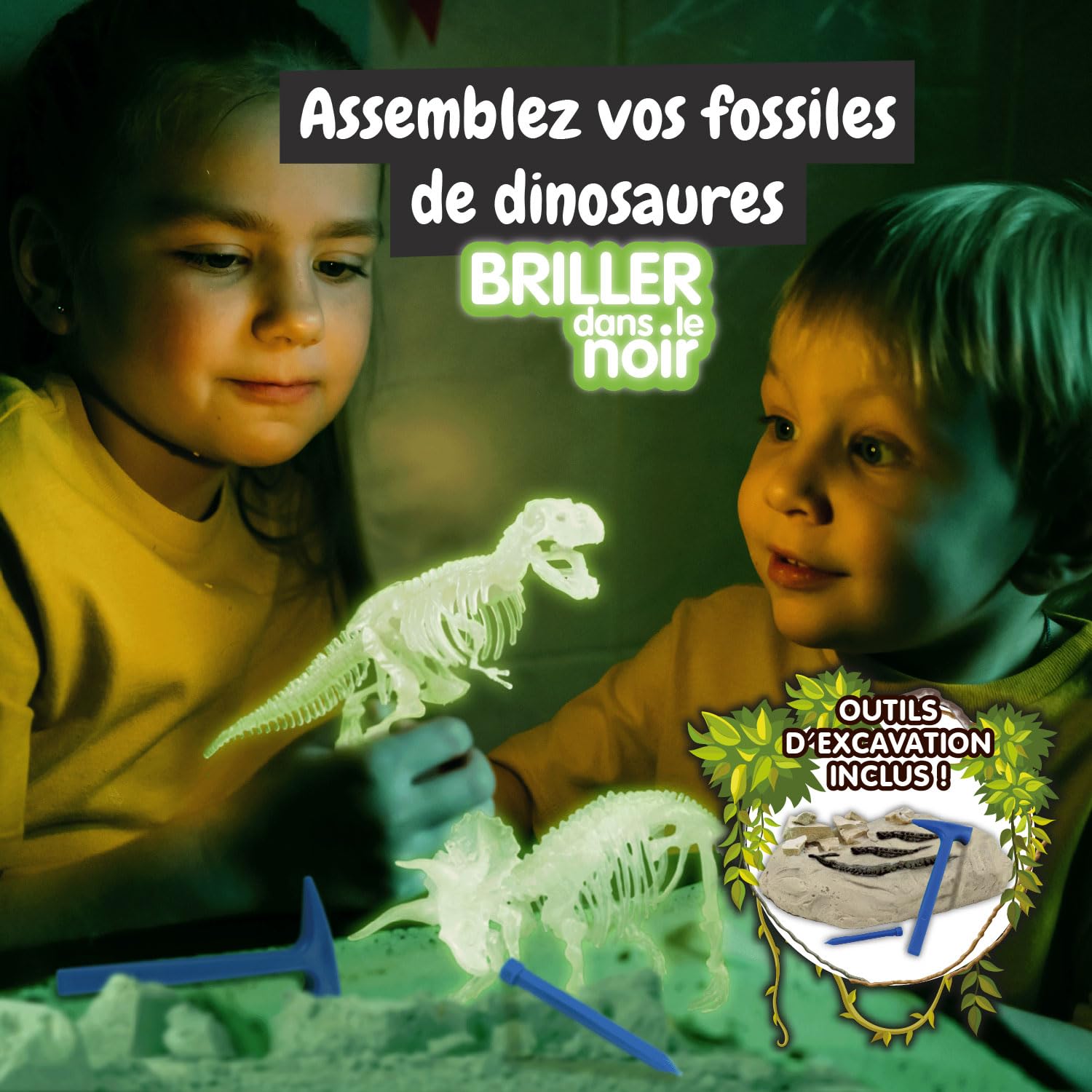Science4you Kit de Fouille de Fossiles 2 en 1 - Excaver et Assembler 2 Dinosaures Qui Brille dans l'Obscurité, 22 pièces: T-Rex et Triceratops