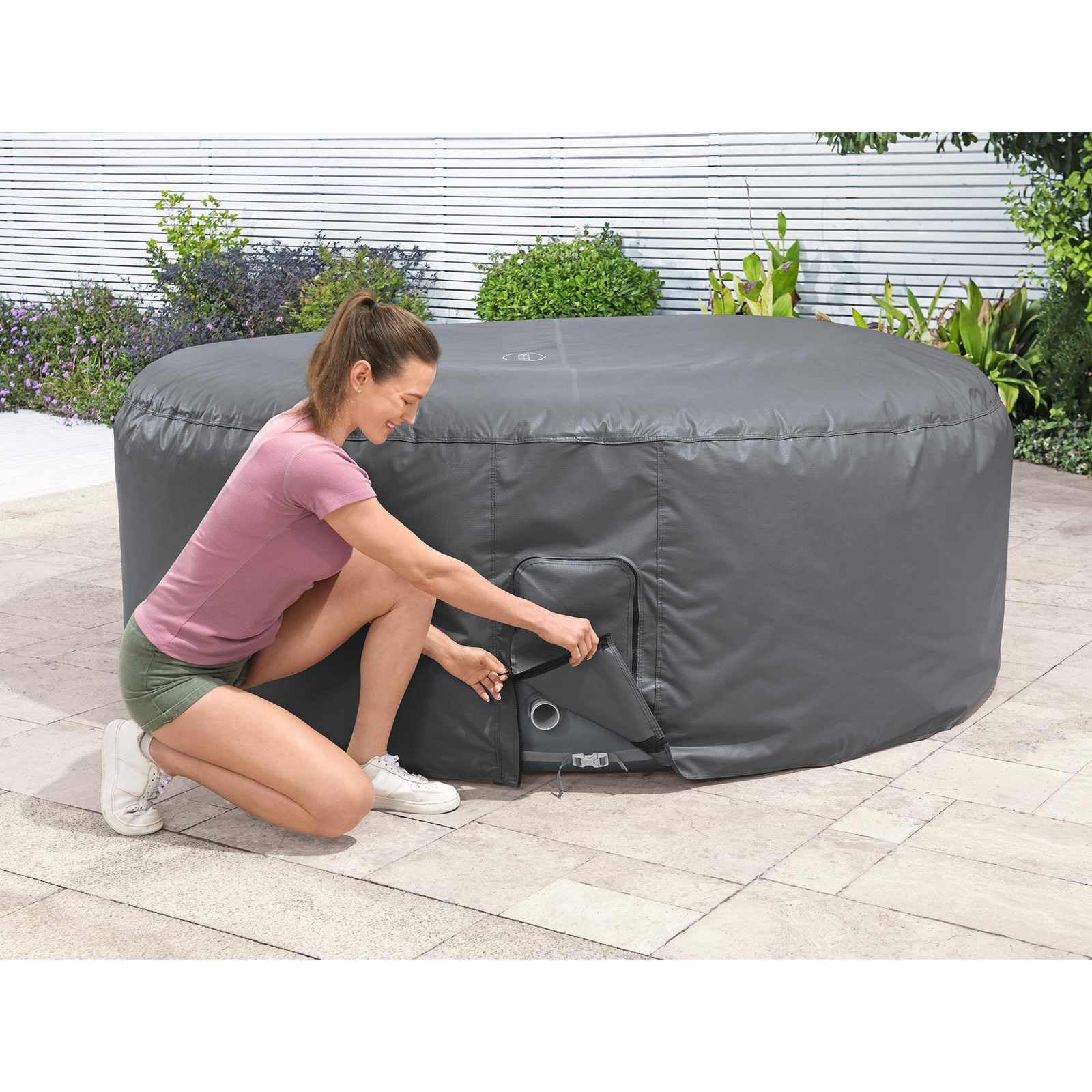 Couverture Piscine Ronde en PVC et Pom Gris Ø216 cm pour Spa, Bassin et Jacuzzi extérieur, résistance aux intempéries, Isolation Thermique, Porte zippée Pratique, Protection Durable