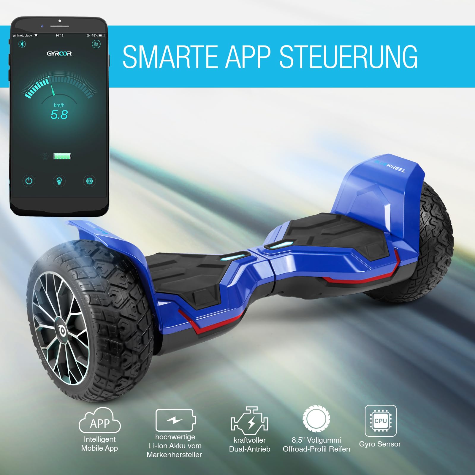 8.5" Premium Offroad Hoverboard Bluewheel HX510 SUV Deutsche Qualitäts Marke- Kinder Sicherheitsmodus & App - Bluetooth - Starker Dual Motor - Elektro Skateboard Self Balance Scooter (White) (Blau)