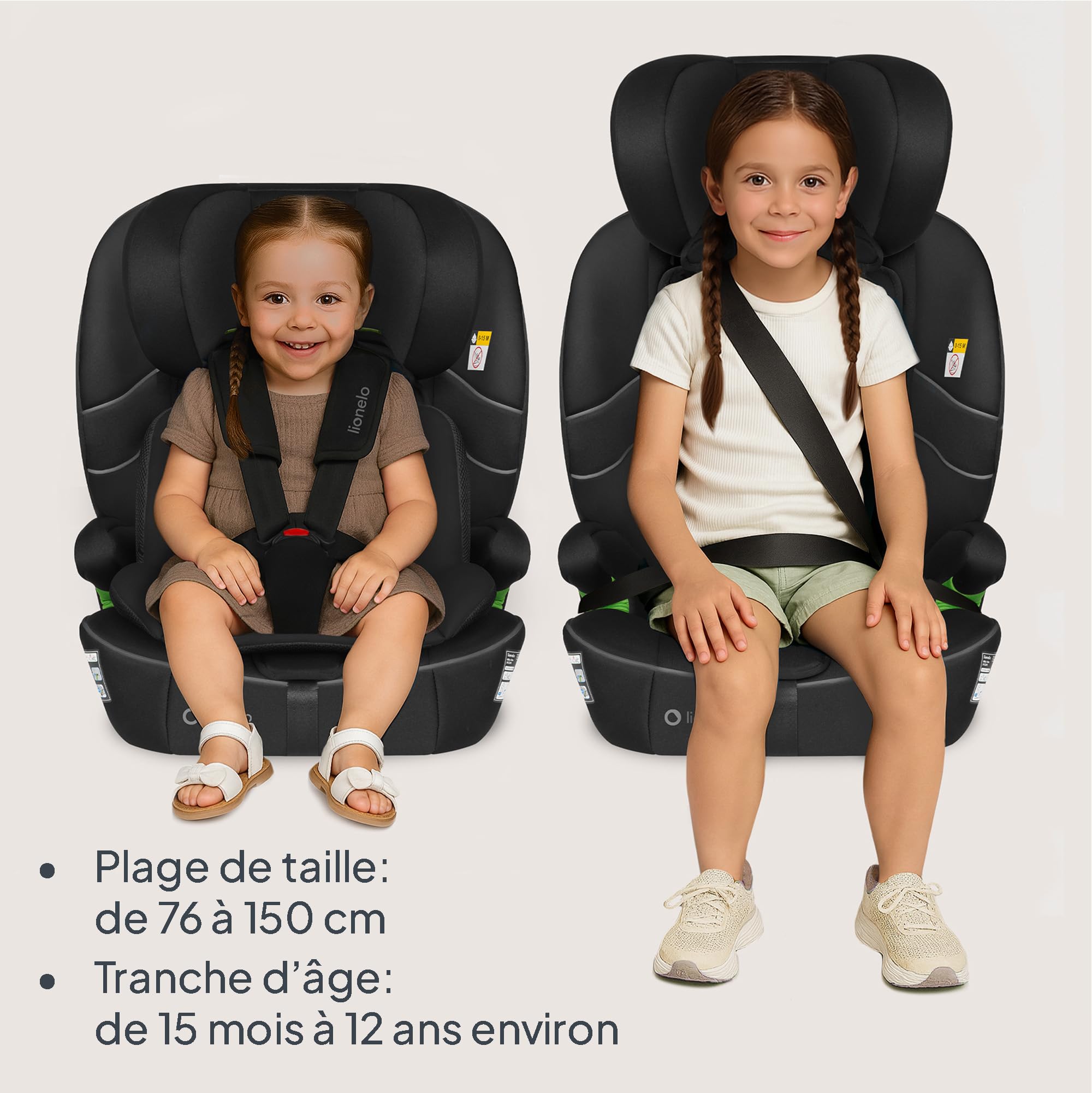 LIONELO LO-BILLY I-SIZE Siège Auto Bébé, 76 à 150 cm De 15 mois à 12 ans environ, Installation ISOFIX ou Ceinture de Voiture, Appui-Tête Réglable, Protection Latérale Norme R129 (Black)