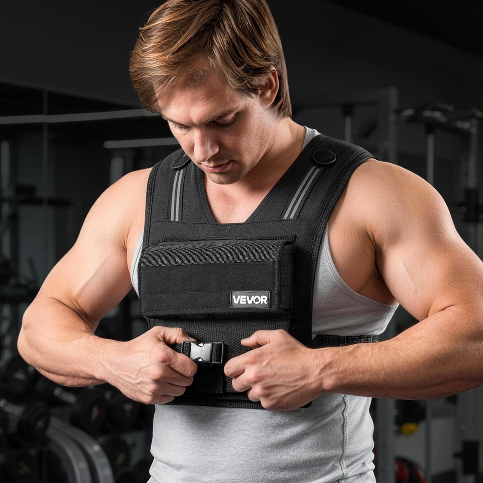 VEVOR Chaleco Lastrado Ajustable 0,63-16 kg, Chaleco Ponderado con 16 Bloques de Hierro Extraíbles de 0,95 kg, Tira Reflectante, para Entrenamiento de Fuerza, Correr, Fitness, Desarrollo Muscular