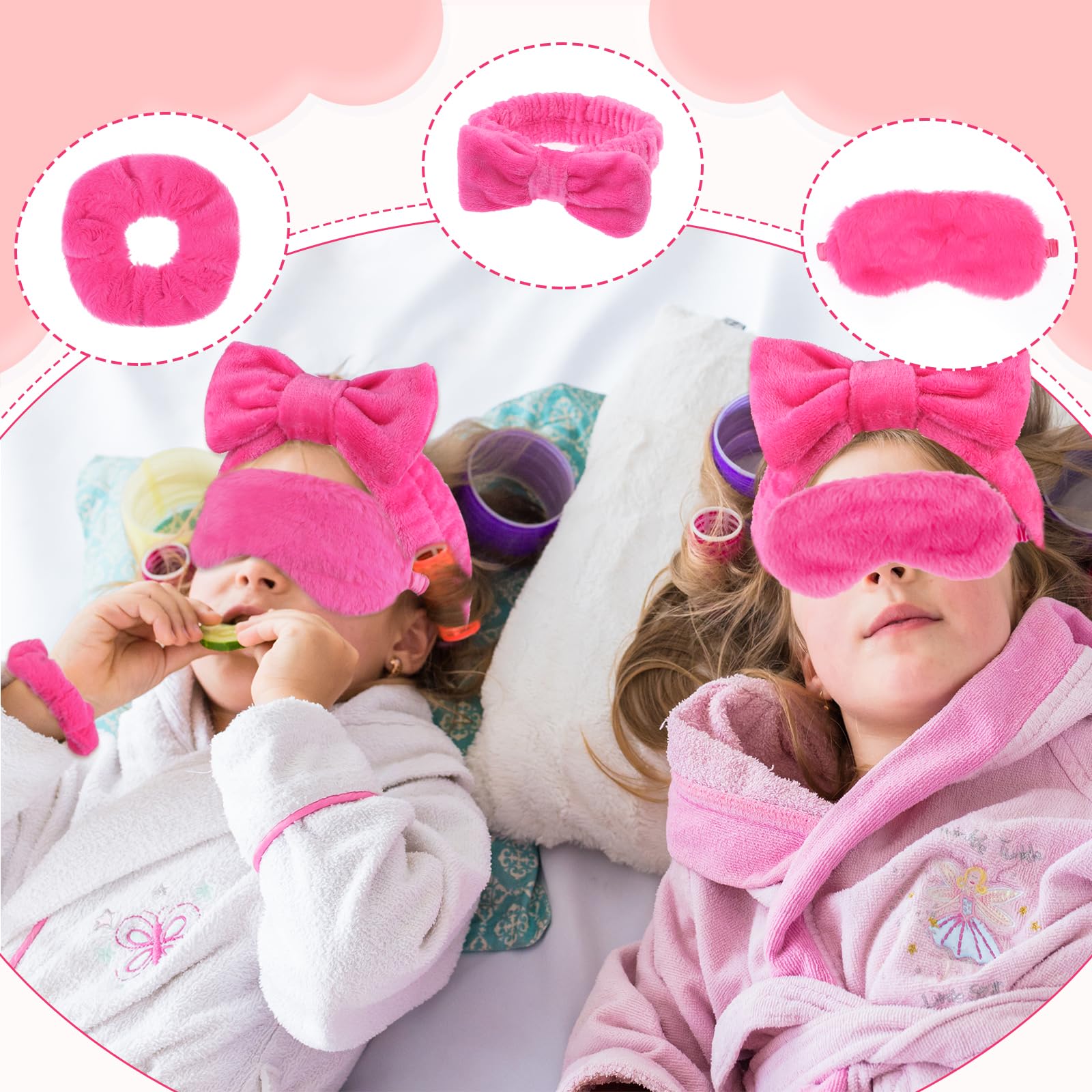30 piezas de suministros de fiesta de pijamas para niñas, incluye 6 diademas de maquillaje con lazo, 6 antifaz de felpa para dormir, 6 coleteros de terciopelo, 6 paños desmaquillantes, 6 bolsas de