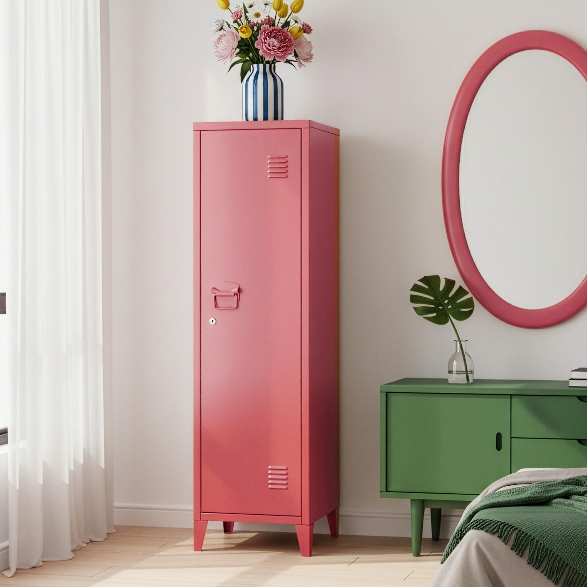 [en.casa] Casillero Metálico Kurikka con 2 Llaves Guardarropa Armario de Taquilla con 3 Compartimientos Cerradura Magnética y Patas 137 x 38 x 38 cm Acero - Rojo sandía
