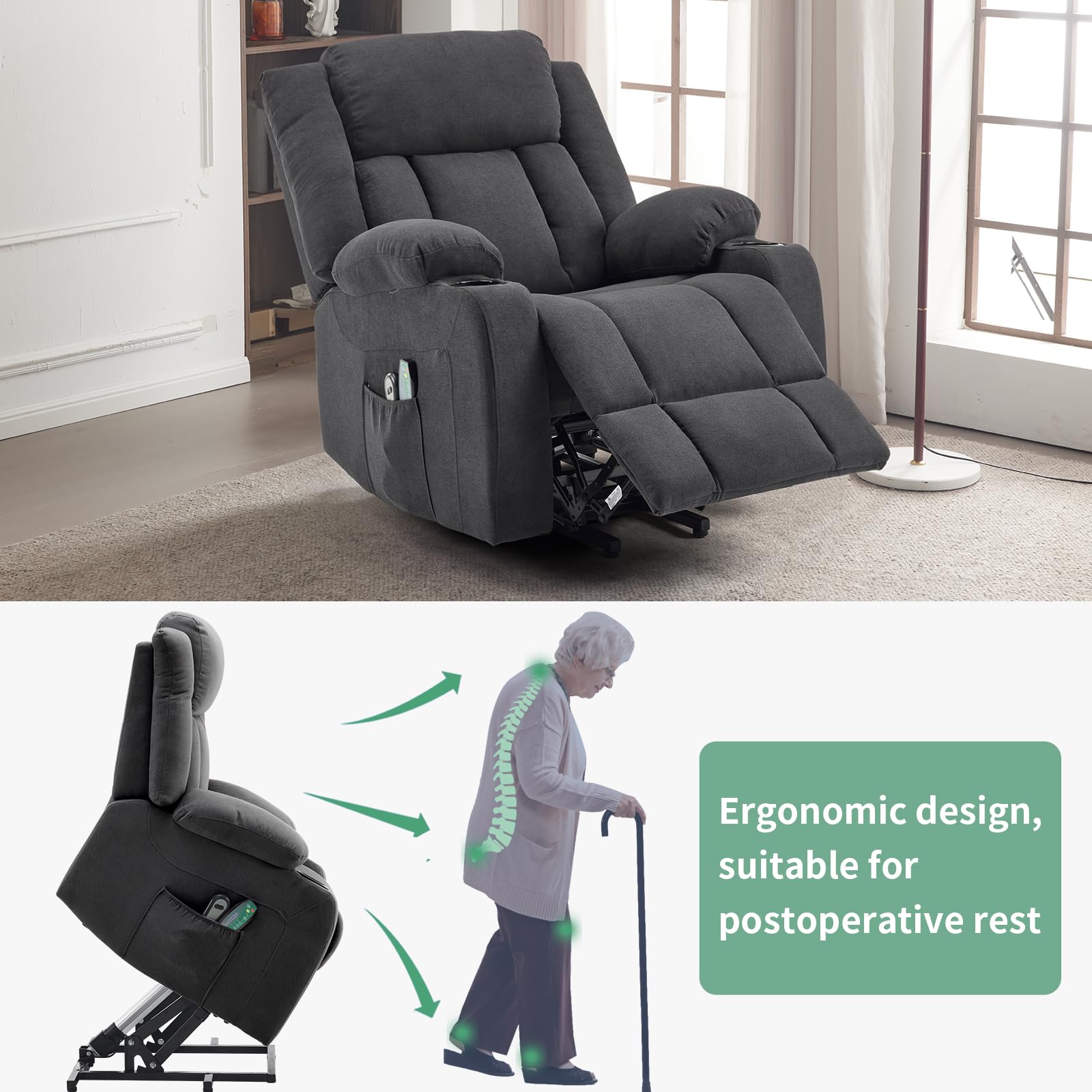 LEADZM Sillón elevador eléctrico relax con función de masaje y calor | inclinación ajustable y reposapiés, mando a distancia incluido, Schwarz