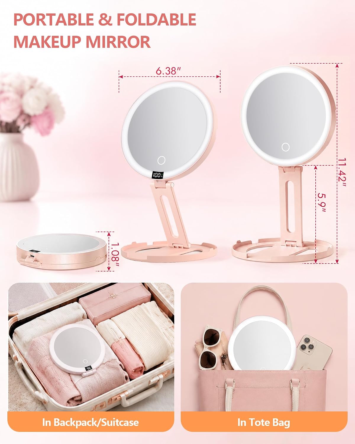Foldable Travel Makeup Mirror with Lights 20X/1X Magnifying Mirror