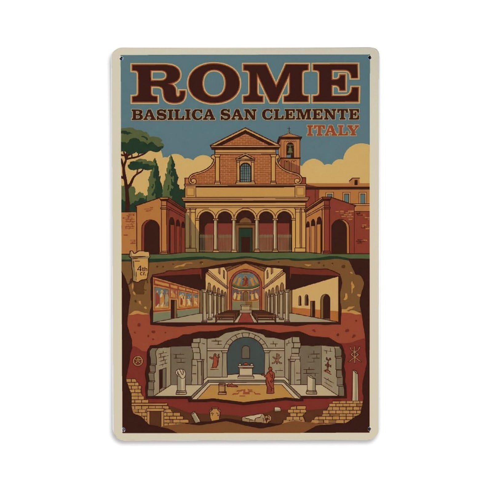 Vintage Travel Rome Basilica San Clemente Underground Layers Italy Metal Tin Sign Plaque Wall Decor for Cafe, Club Bar, Office, Home Garden Metal Poster 8x12Inch