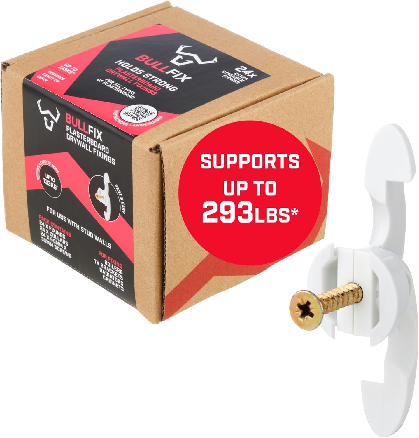 Bullfix Extra 24 Pack Heavy Duty Drywall Anchors, Holds up to 290lbs