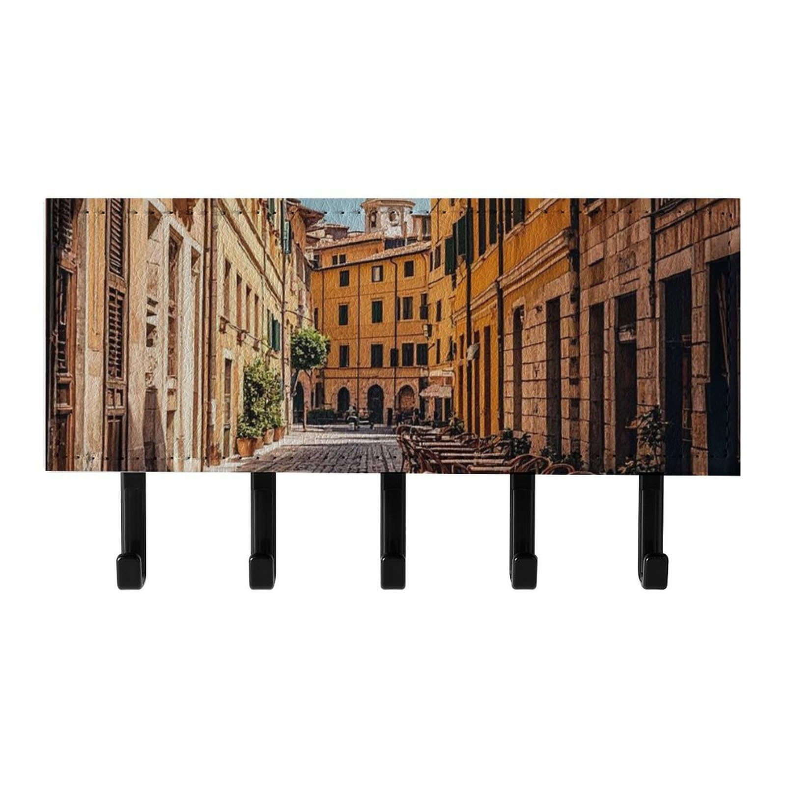 Fekiloot Black Old Courtyard Cafe Chair City Rome Italy Key Holder For Wall Adhesive, No Drilling, Key Hooks With 5 Hooks Wall Mounted, Self Adhesive Keys Rack For Entryway, Hallway, Living Room, Kitchen, Office