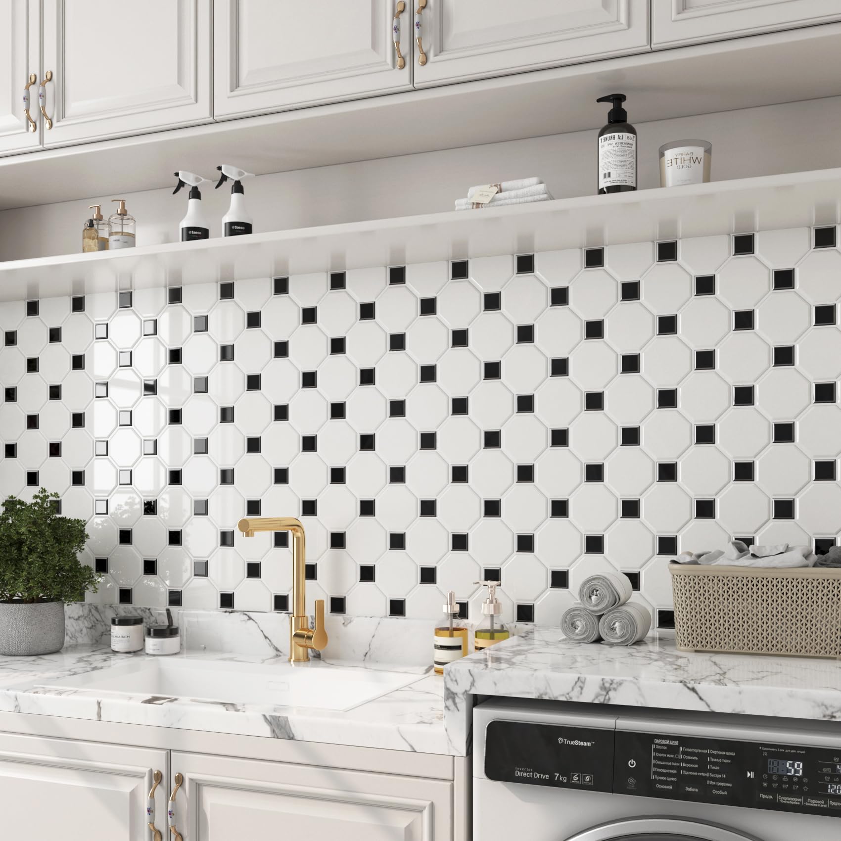 FunStick 30CMx30CM 30 Piastrelle PVC Adesive Bianco Nero Carta Adesiva per Mattonelle Bagno Quadrato Esagonale Adesivi Murali 3D Adesivi per Piastrelle Cucina Rivestimento Parete Bagno Adesivo Bianco